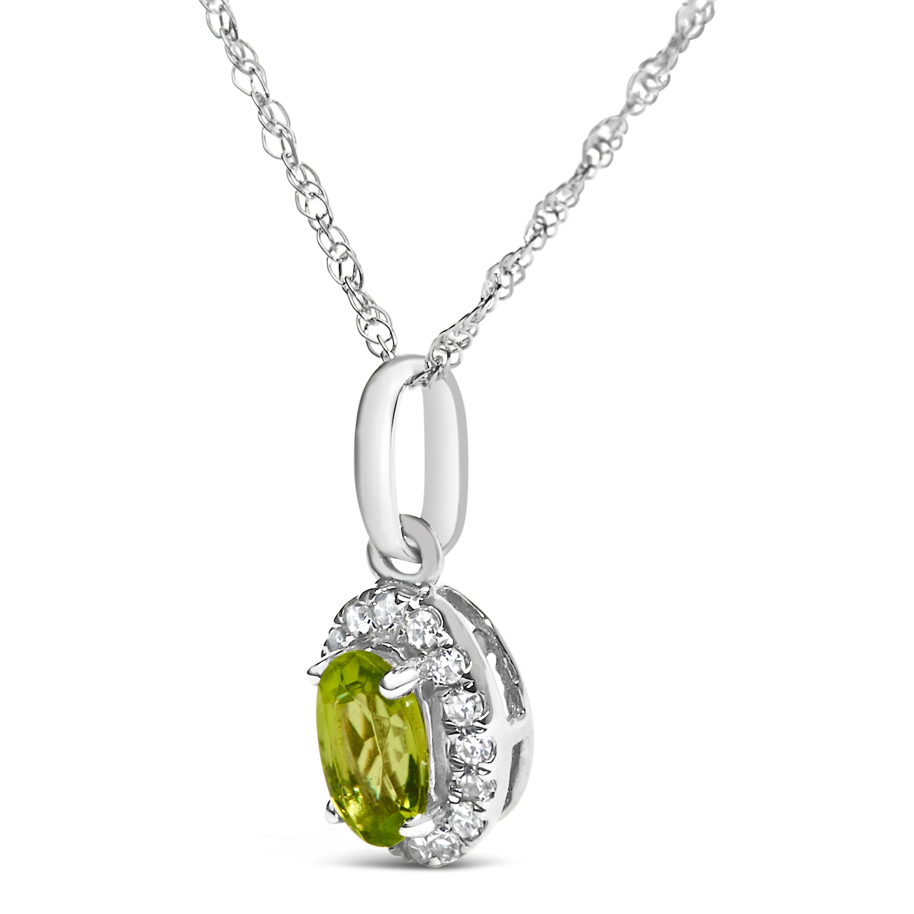 10K White Gold 5x3mm Gemstone and Diamond Accent Halo Oval Shape 18" Pendant Necklace