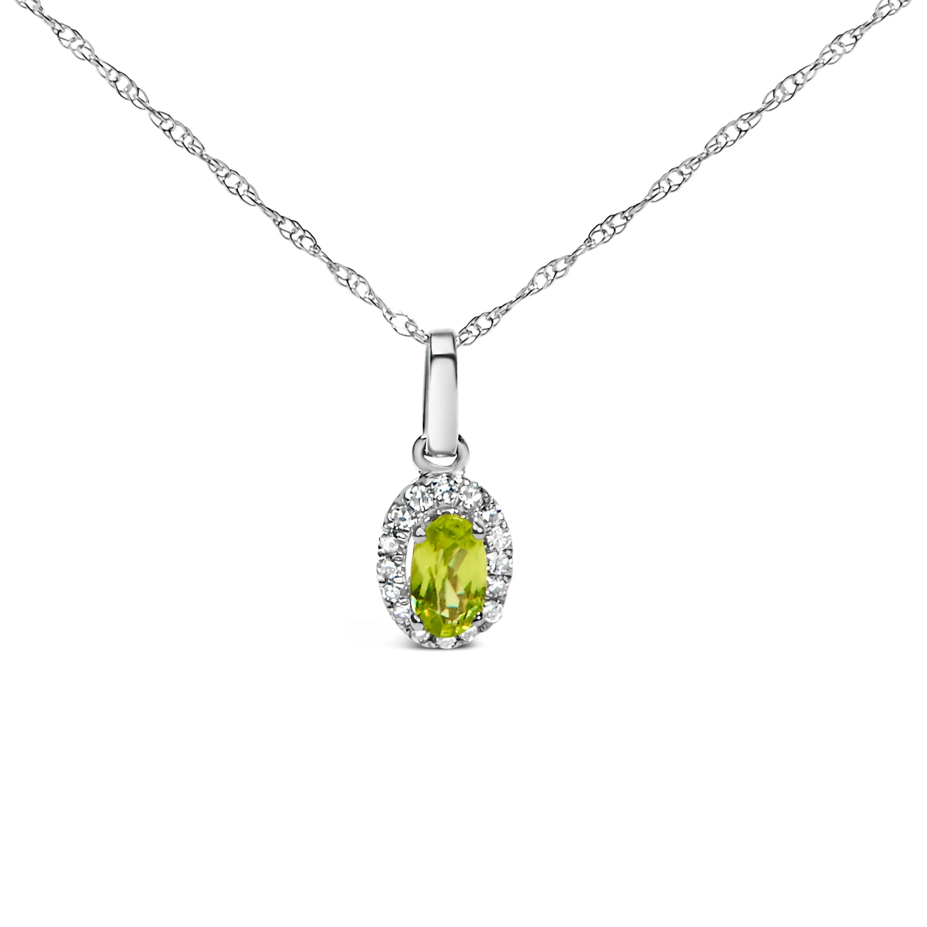 10K White Gold 5x3mm Gemstone and Diamond Accent Halo Oval Shape 18" Pendant Necklace