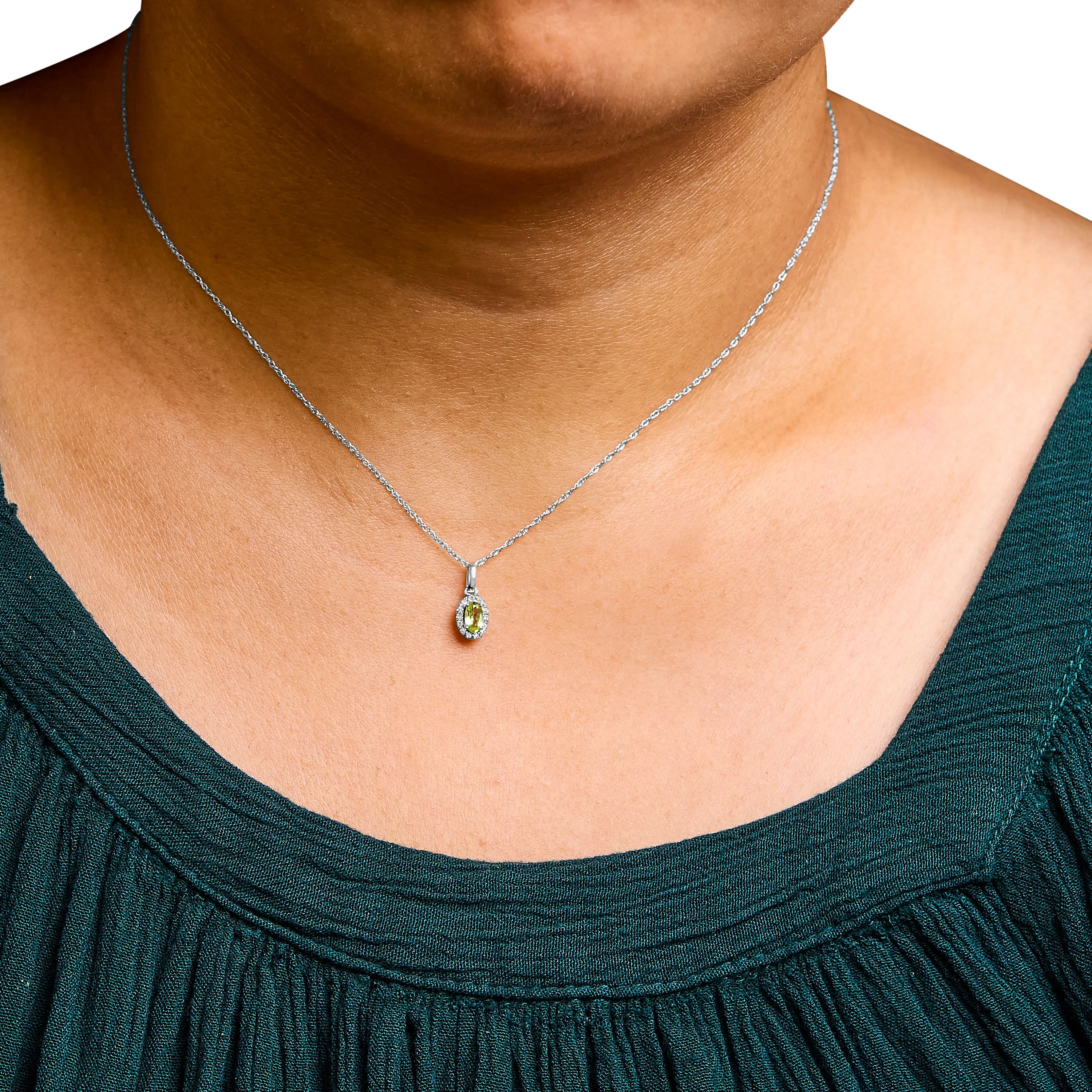 10K White Gold 5x3mm Gemstone and Diamond Accent Halo Oval Shape 18" Pendant Necklace