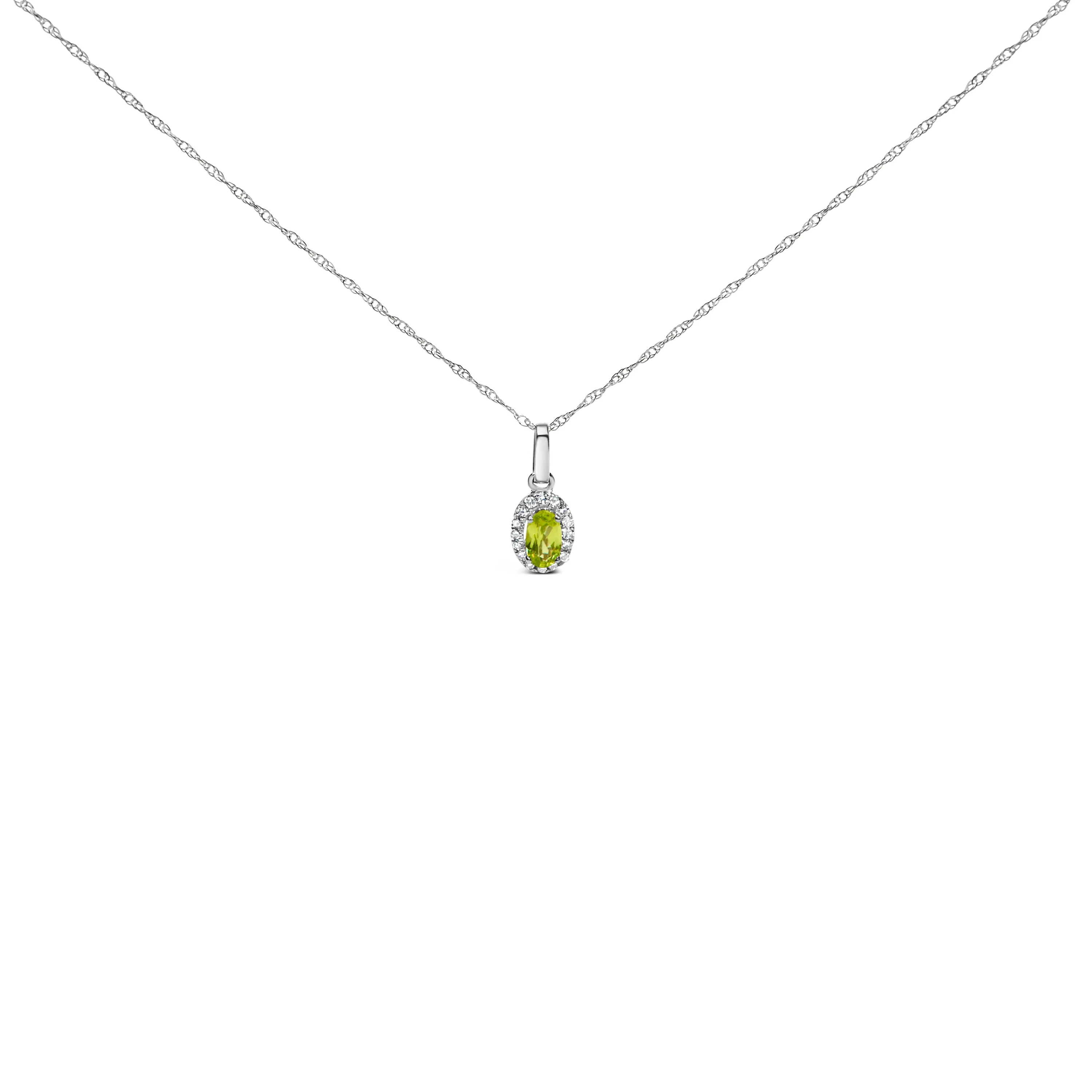 10K White Gold 5x3mm Gemstone and Diamond Accent Halo Oval Shape 18" Pendant Necklace