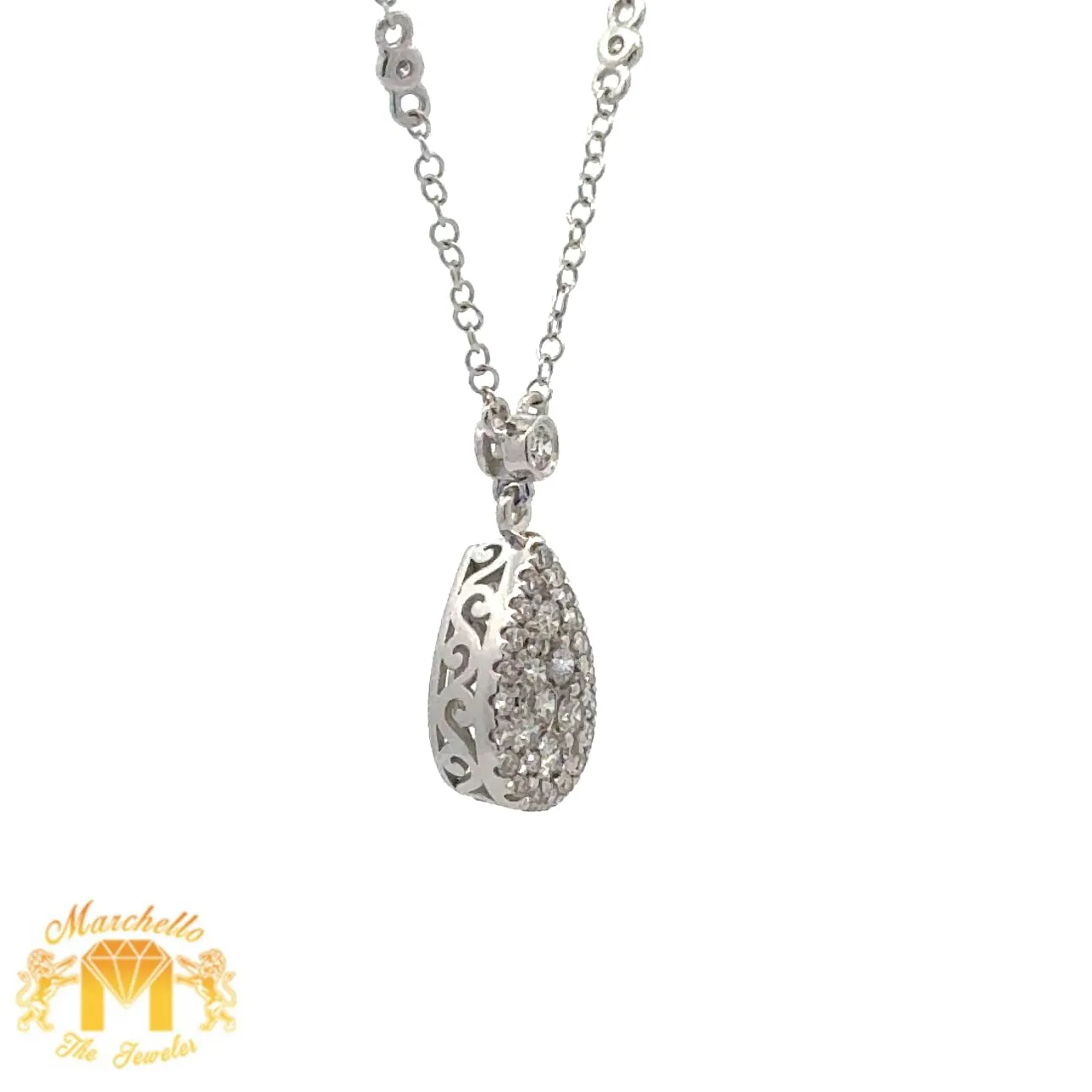 14k White Gold and Diamond Pear Shaped Necklace with Round Diamonds