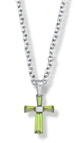 5/8 Inch Sterling Silver and Glass Crystal August Birthstone Baguette Cross Necklace