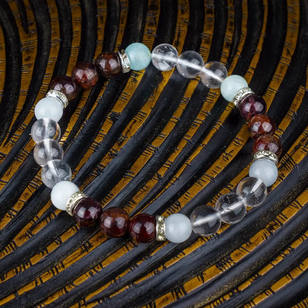 Aries Zodiac Bracelet | Clear Quartz, Garnet & Aquamarine Crystals for Confidence & Balance