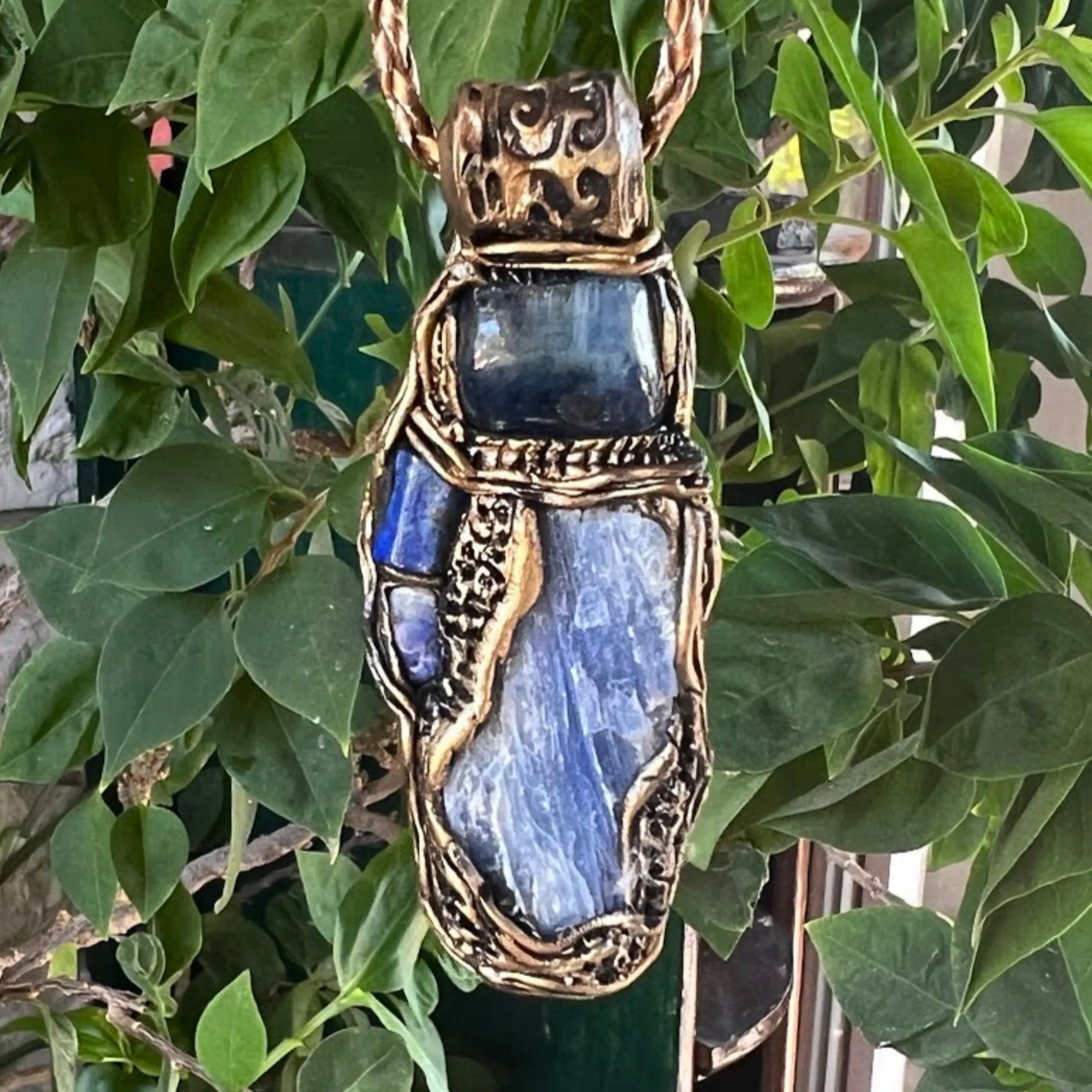 Blue Kyanite and Lapis Lazuli raw healing stone amulet necklace