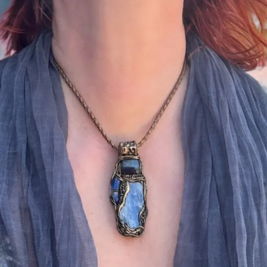 Blue Kyanite and Lapis Lazuli raw healing stone amulet necklace