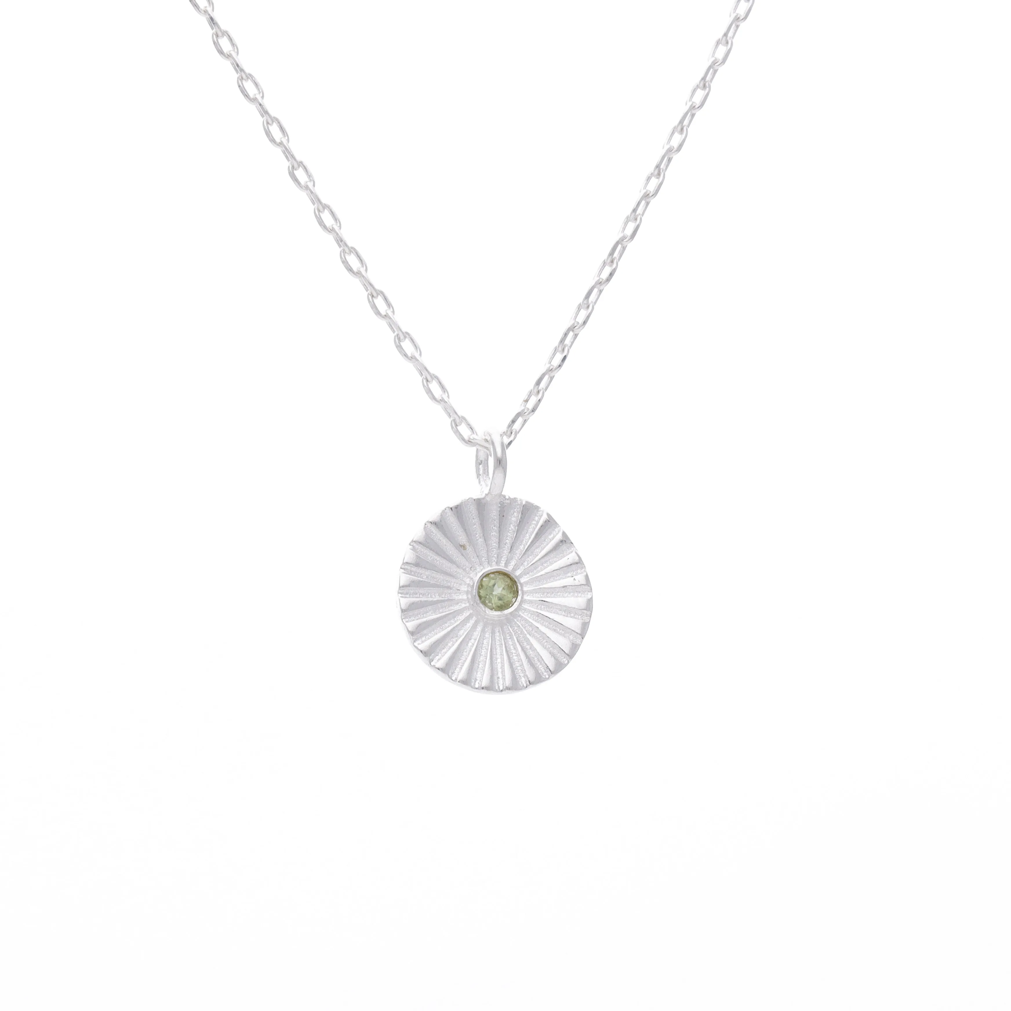 Delicate Vintage Peridot Fluted Medallion Coin Necklace Silver