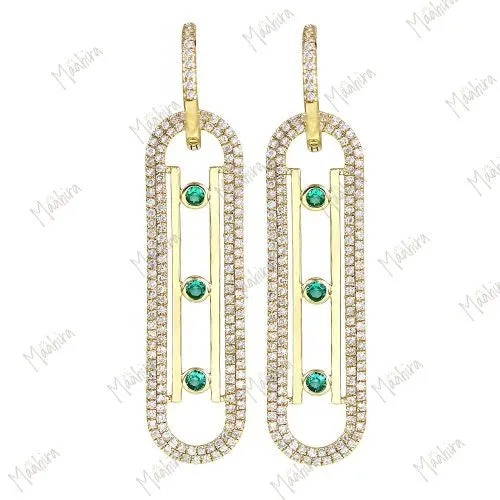 Diamond & Emerald Vertical Bar Earring 12mm