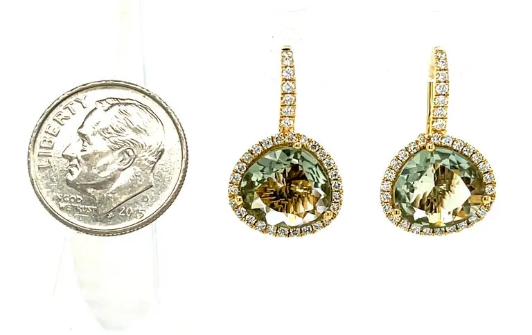 Faceted Green Amethyst Quartz and Diamond Halo Drop Earrings in 18k Yellow Gold