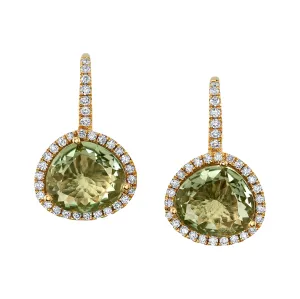 Faceted Green Amethyst Quartz and Diamond Halo Drop Earrings in 18k Yellow Gold