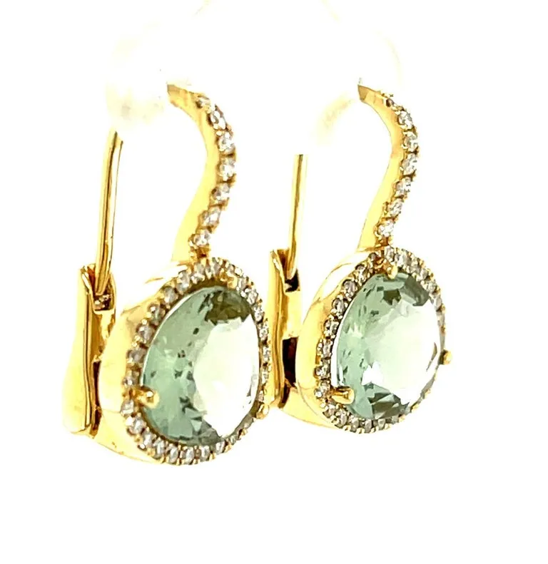 Faceted Green Amethyst Quartz and Diamond Halo Drop Earrings in 18k Yellow Gold