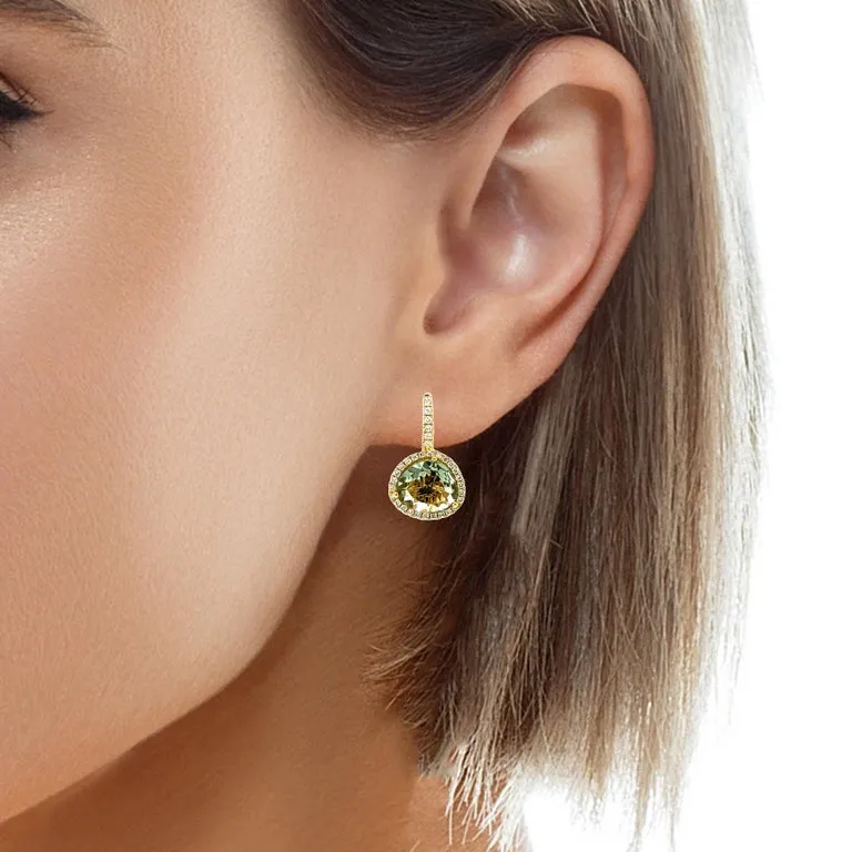 Faceted Green Amethyst Quartz and Diamond Halo Drop Earrings in 18k Yellow Gold