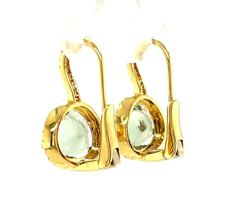 Faceted Green Amethyst Quartz and Diamond Halo Drop Earrings in 18k Yellow Gold
