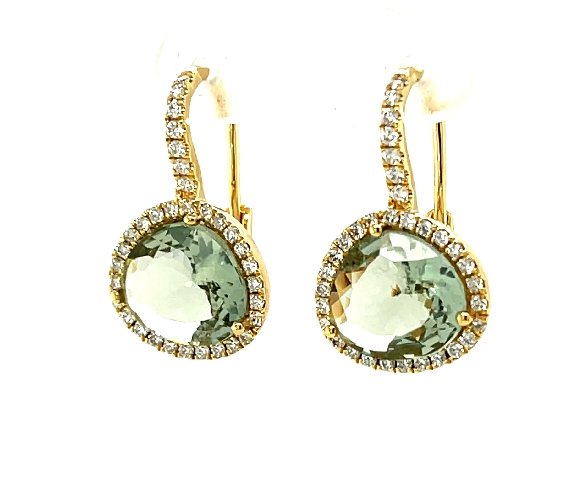 Faceted Green Amethyst Quartz and Diamond Halo Drop Earrings in 18k Yellow Gold