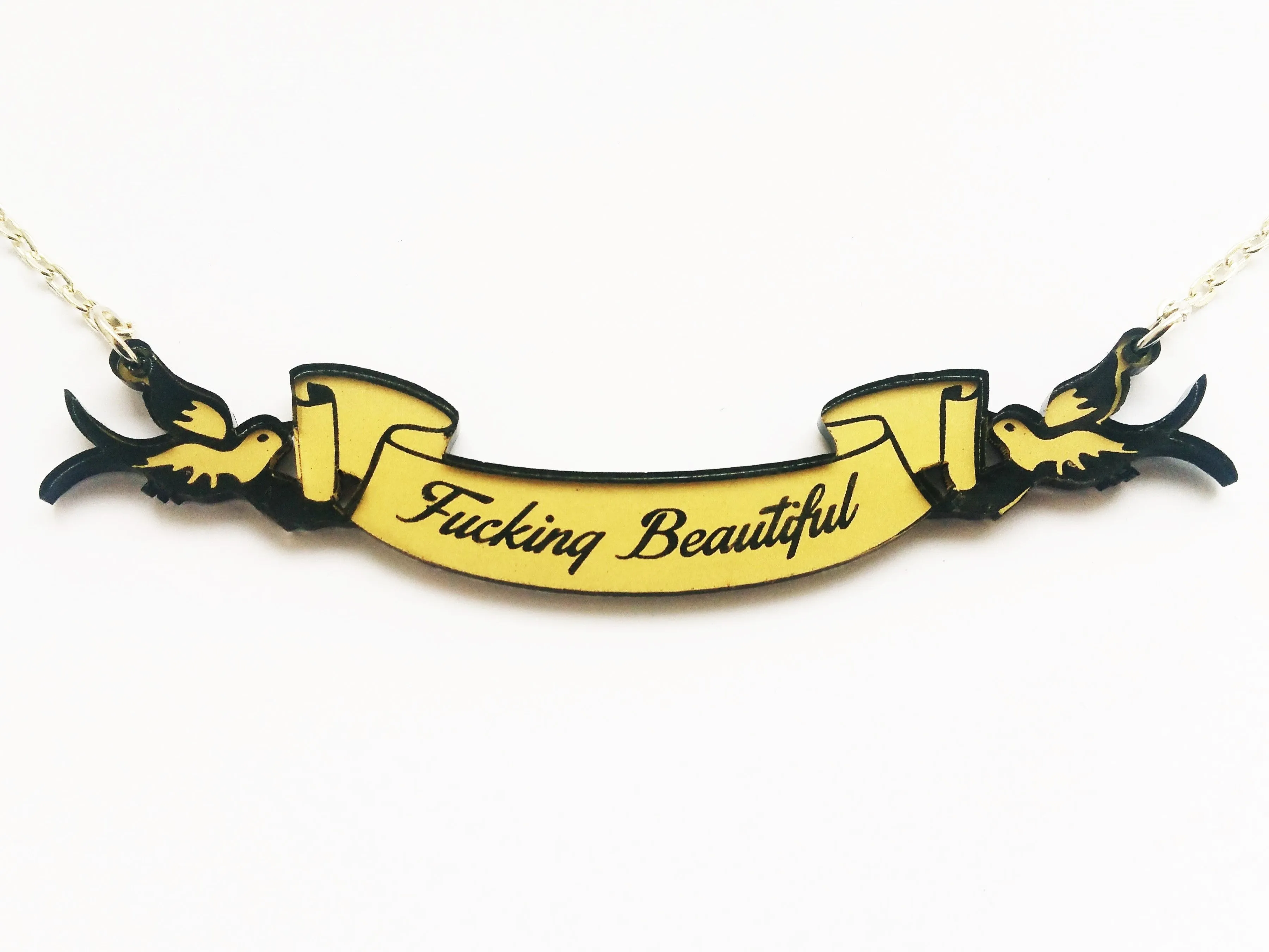 Fucking Beautiful swallow and scroll necklace
