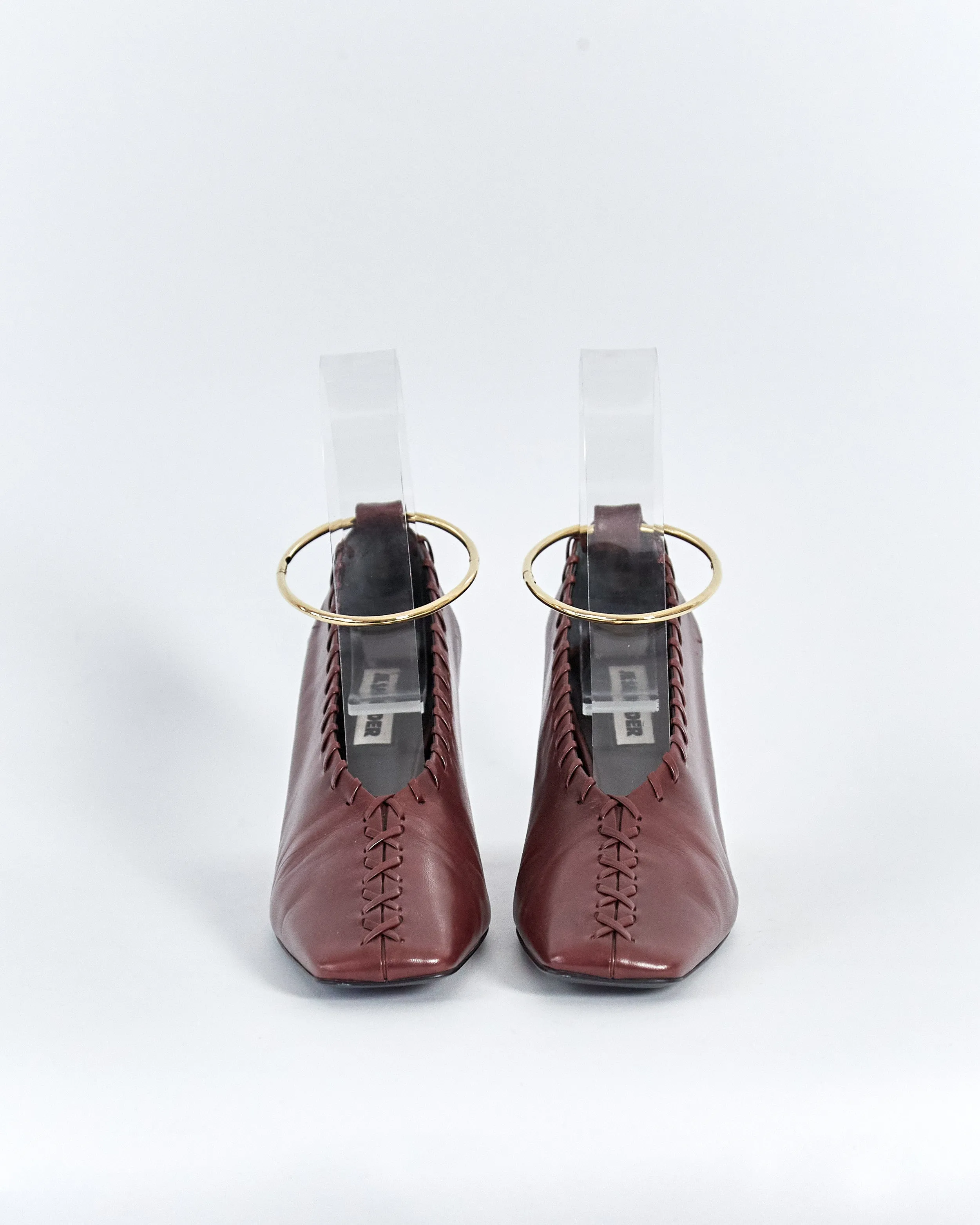 Jil Sander square toe whipstitch ankle bracelet pumps, burgundy, 40