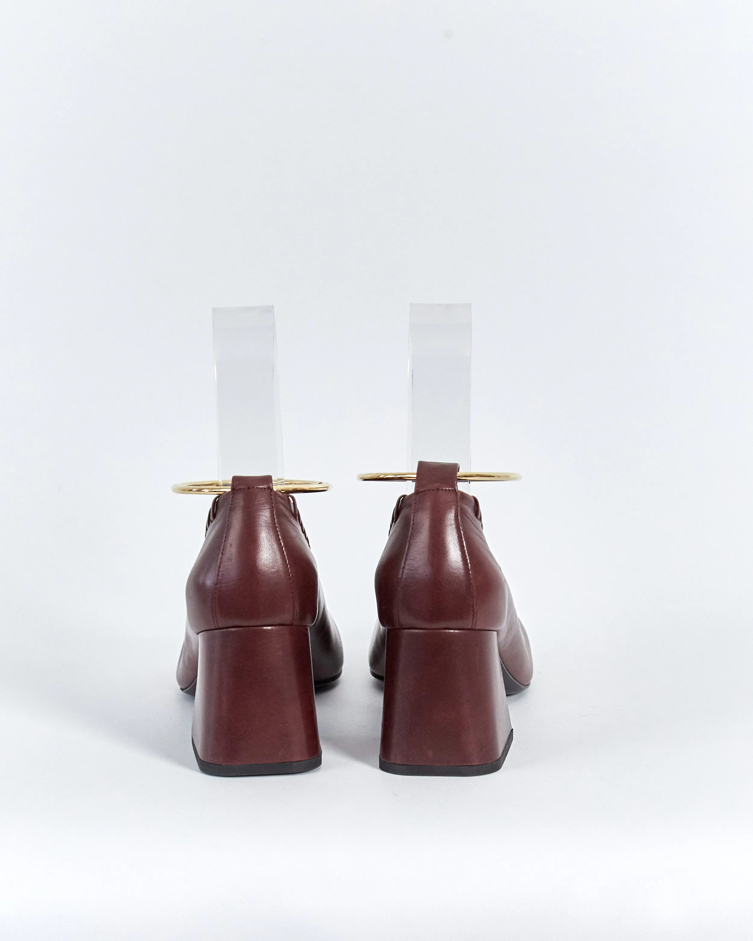 Jil Sander square toe whipstitch ankle bracelet pumps, burgundy, 40
