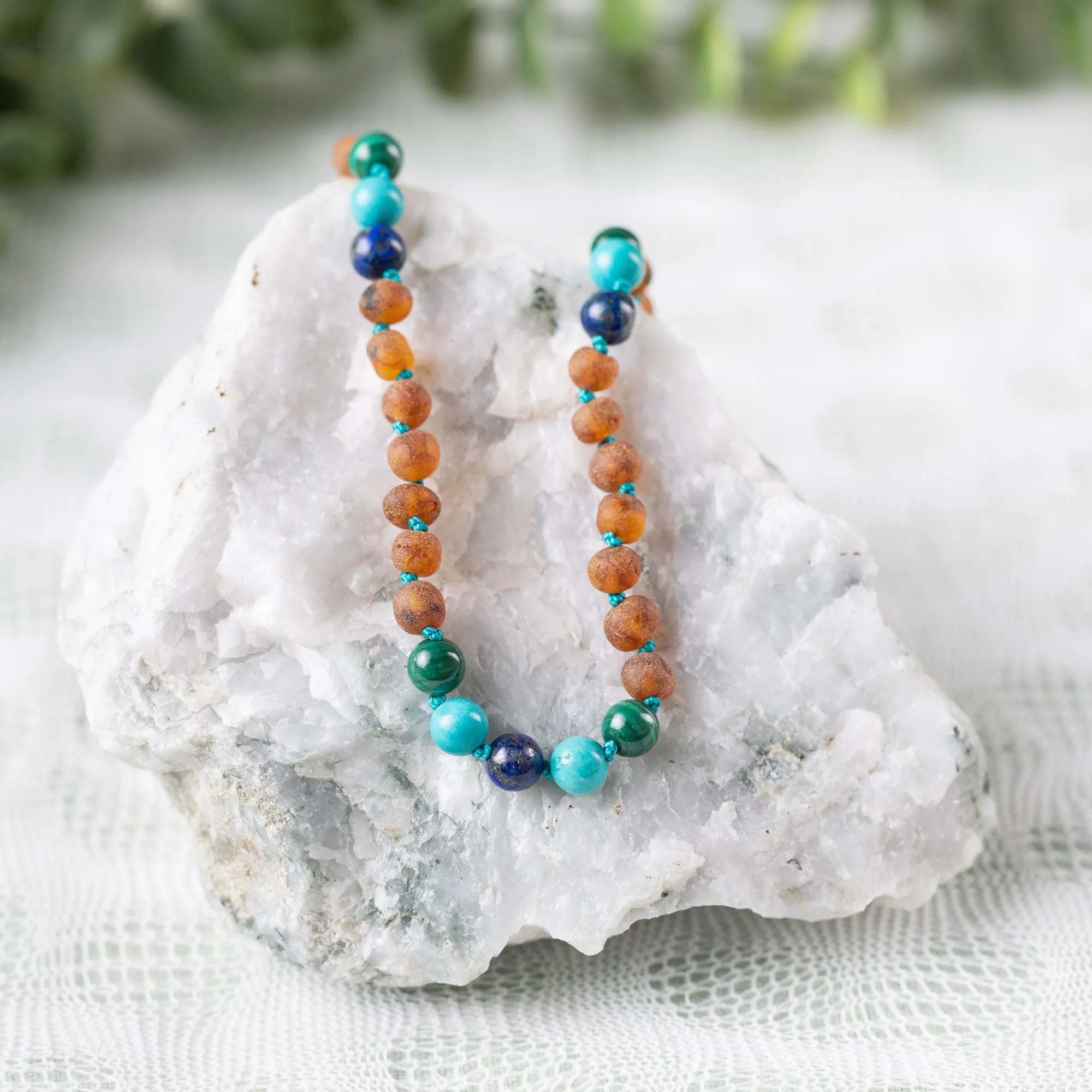 Kids | Malachite Mix   Raw Cognac Amber Necklace