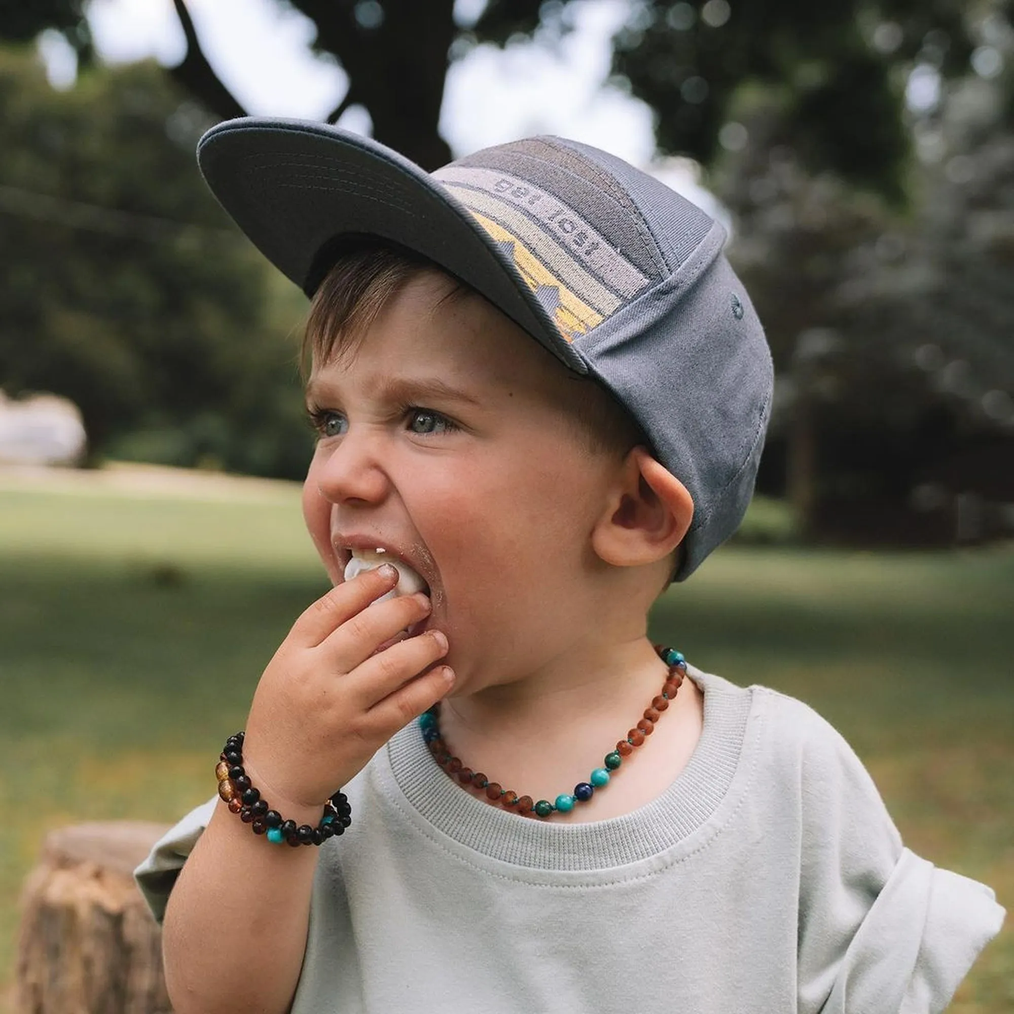 Kids | Malachite Mix   Raw Cognac Amber Necklace