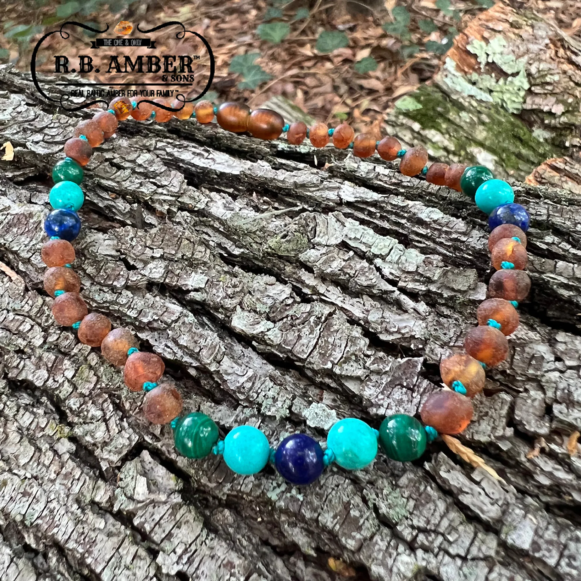 Kids | Malachite Mix   Raw Cognac Amber Necklace