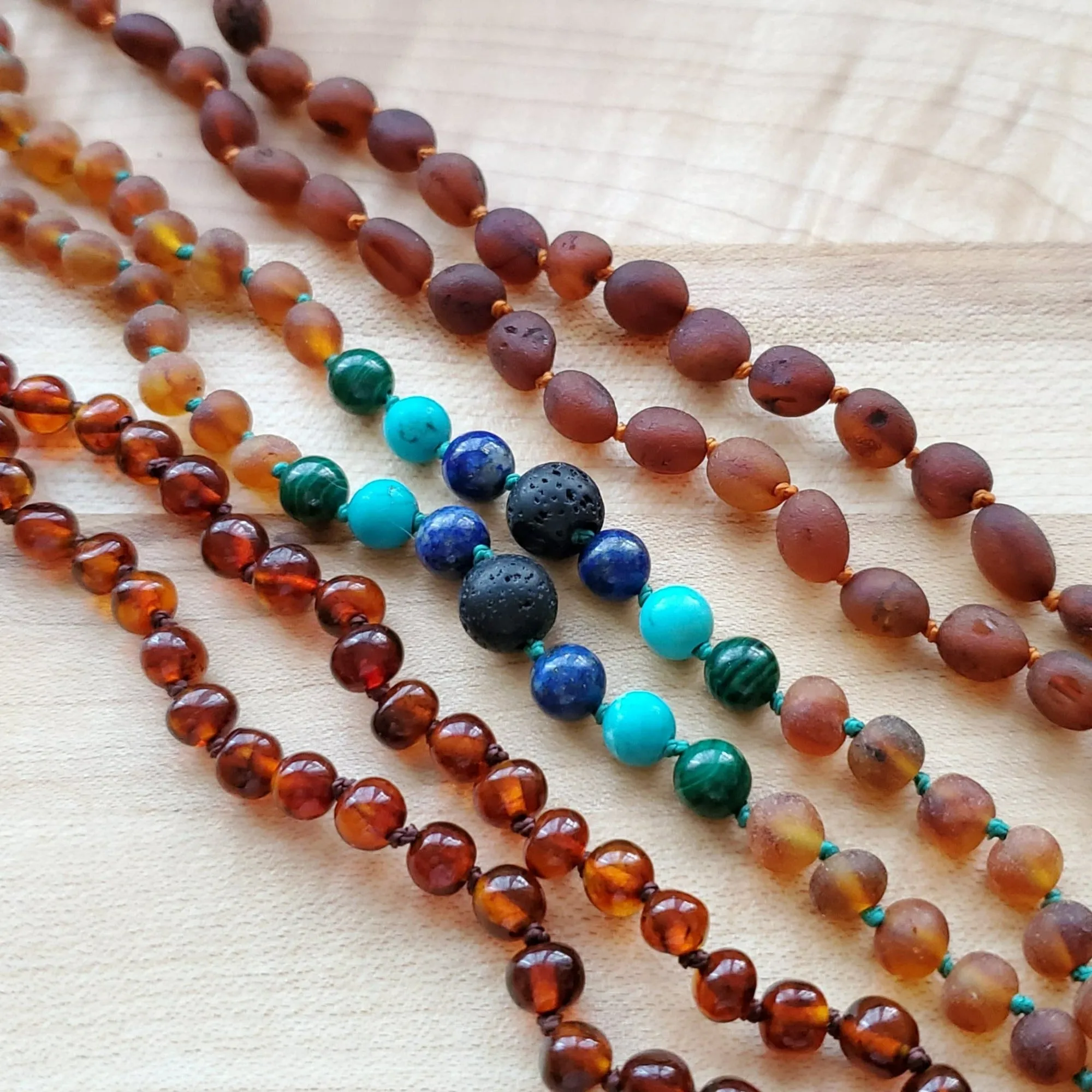 Kids | Malachite Mix   Raw Cognac Aromatherapy Necklace