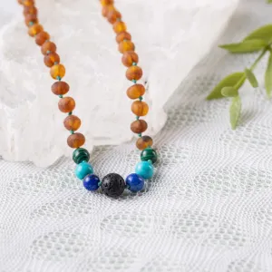 Kids | Malachite Mix   Raw Cognac Aromatherapy Necklace