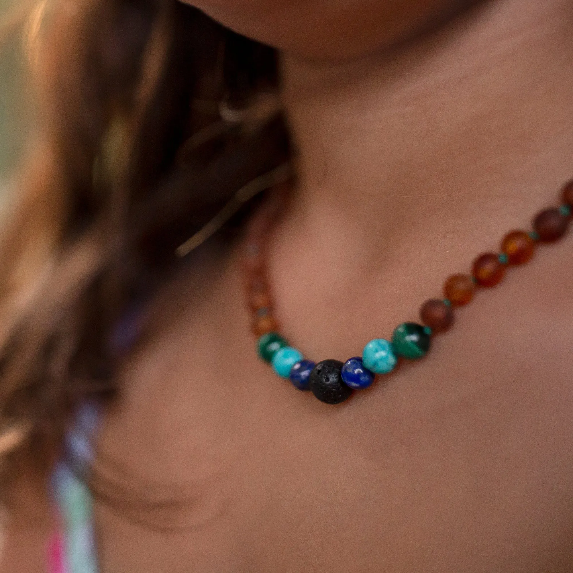 Kids | Malachite Mix   Raw Cognac Aromatherapy Necklace
