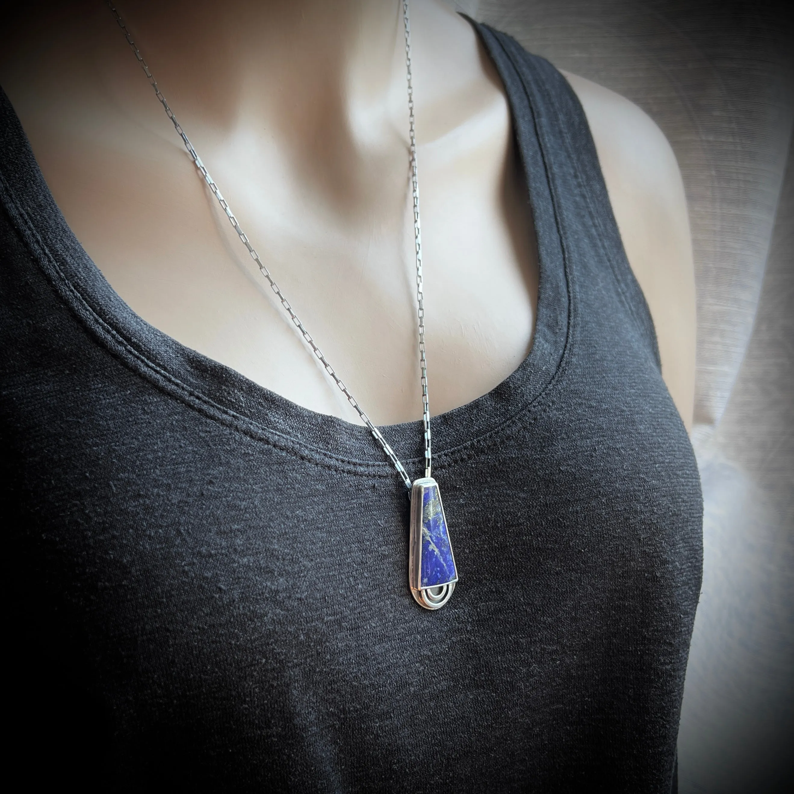 Lapis Lazuli Sterling Silver Necklace | Blue Natural Stone Geometric Pendant