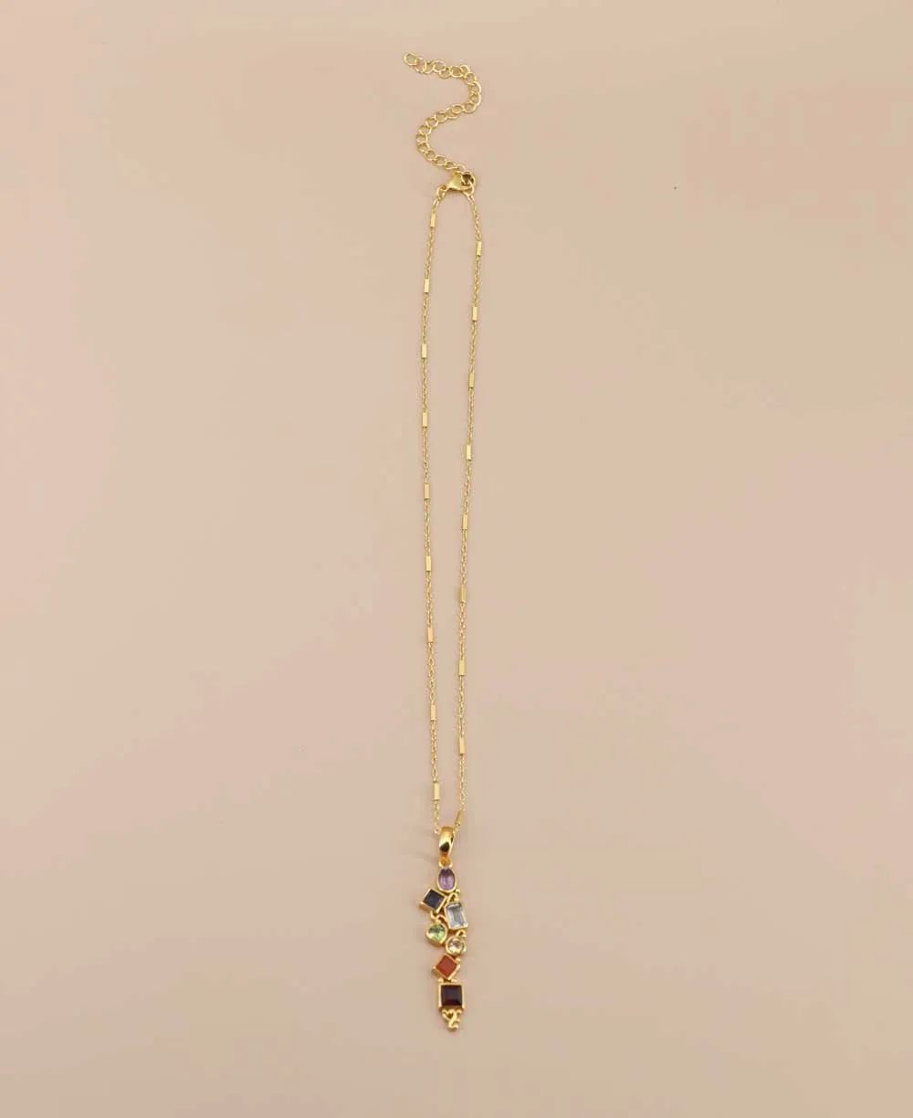 Mixed Geometry Chakra Gemstones Rainbow Gold Plated Necklace