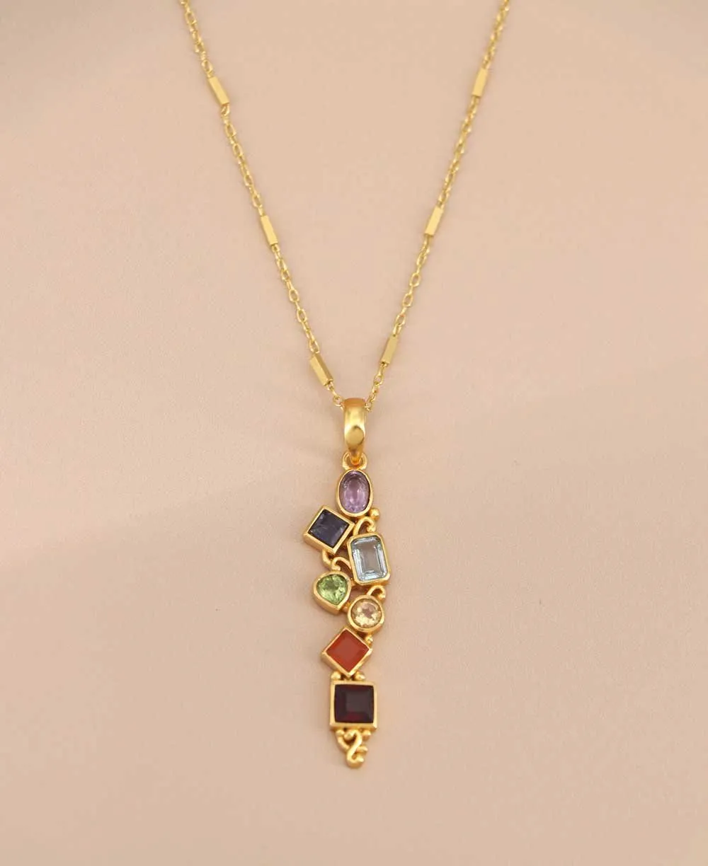 Mixed Geometry Chakra Gemstones Rainbow Gold Plated Necklace