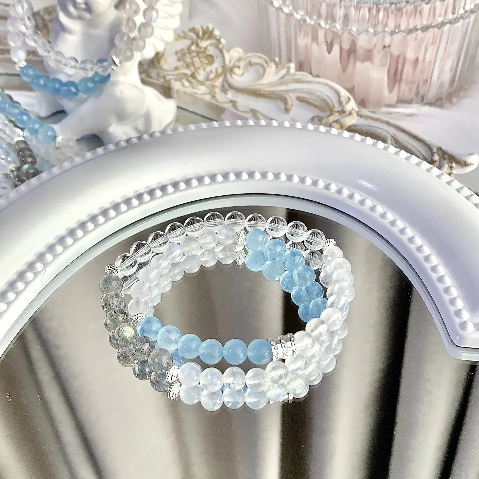 Moonstone Beads Multi-Wrap Aquamarine Bracelet