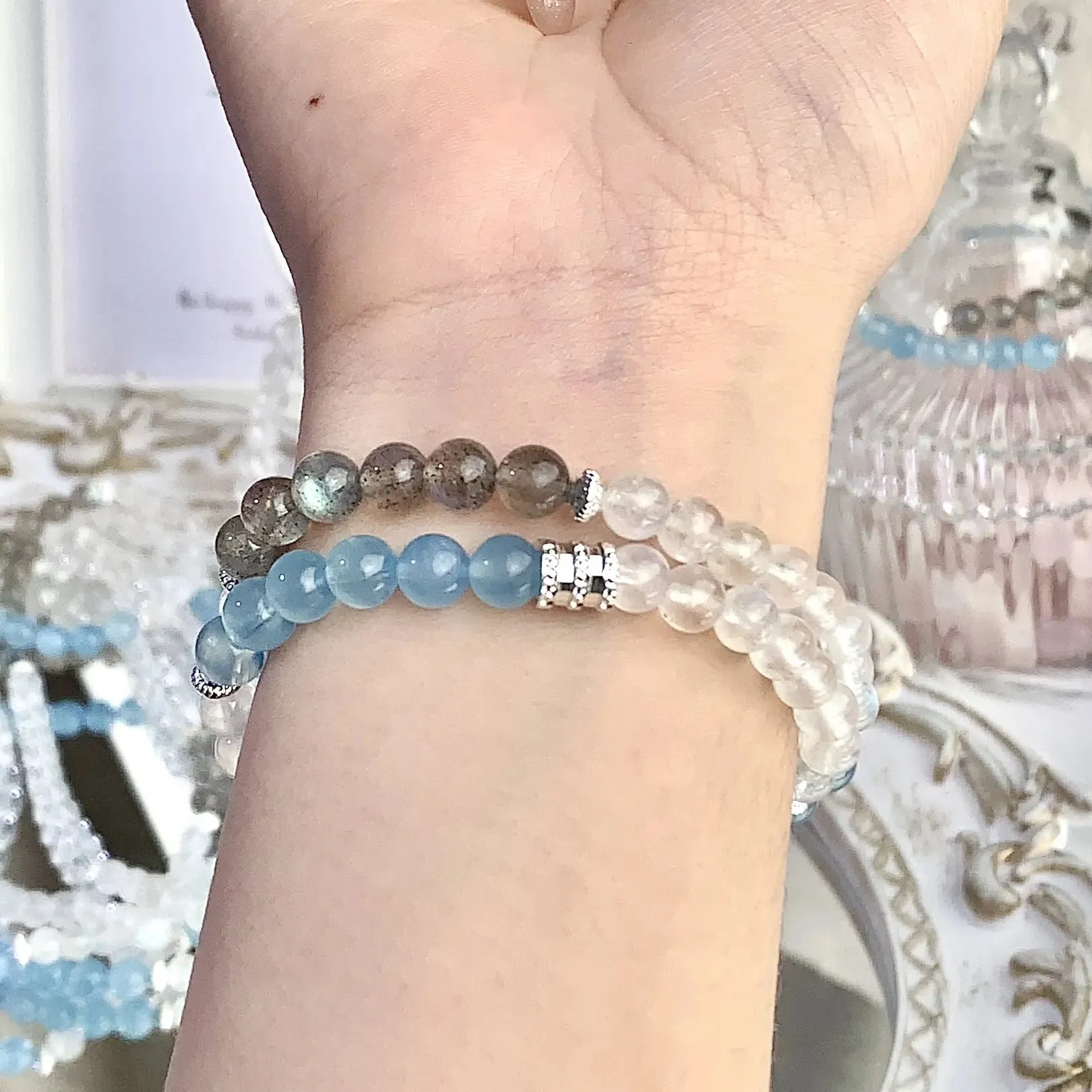 Moonstone Beads Multi-Wrap Aquamarine Bracelet