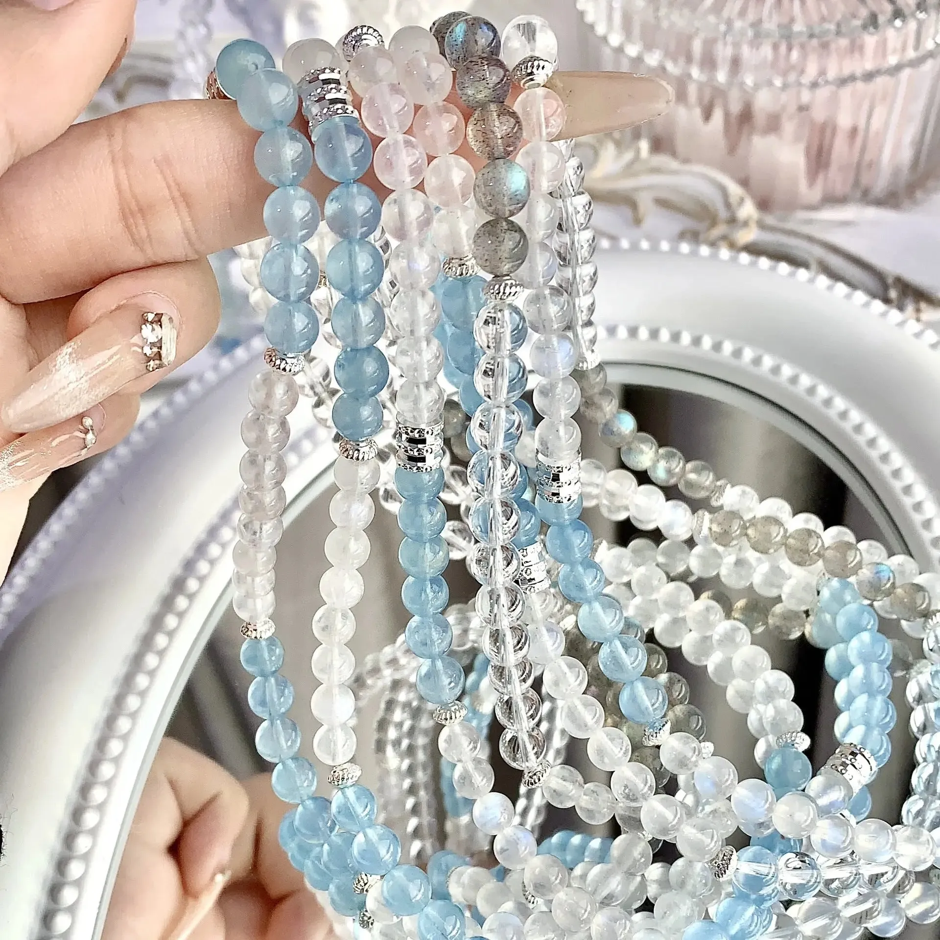 Moonstone Beads Multi-Wrap Aquamarine Bracelet