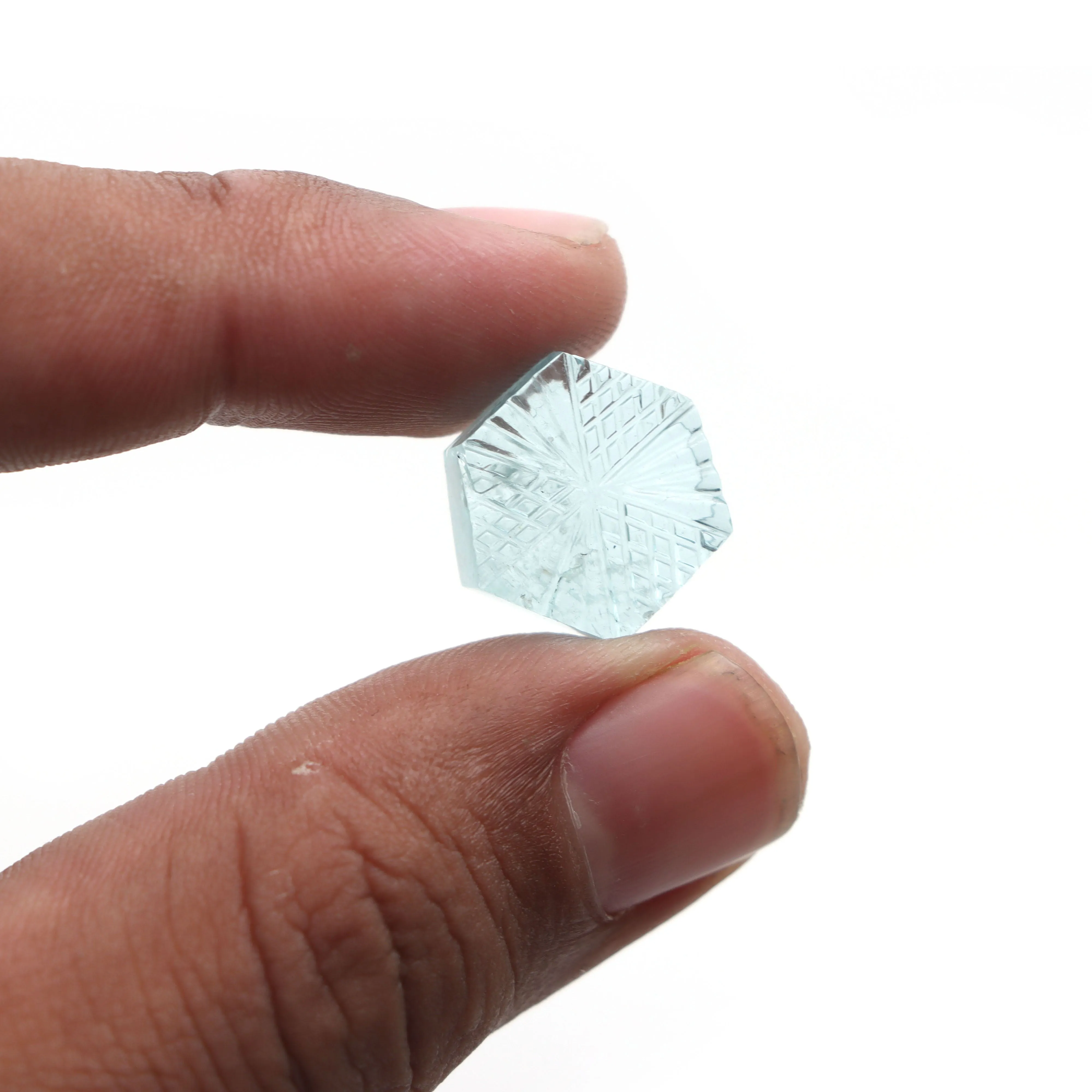 Natural Aquamarine Hexagon Carving Loose Gemstone, 14.5x16 mm, Aquamarine Jewelry Making Gemstone, 1 Piece
