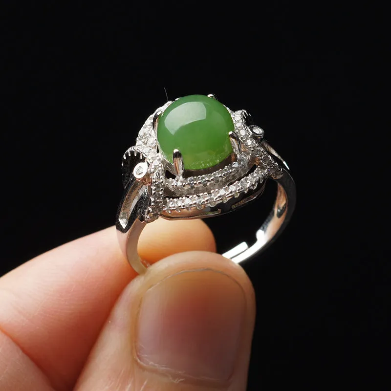 Natural Jade Ring Nephrite Silver Zircon Adjustable Ring ZNRG116