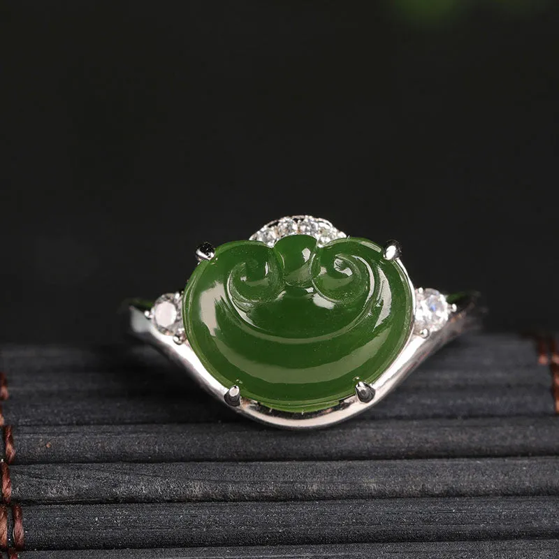 Natural Jade Ruyi Ring Nephrite Silver Zircon Adjustable Ring ZNRG147