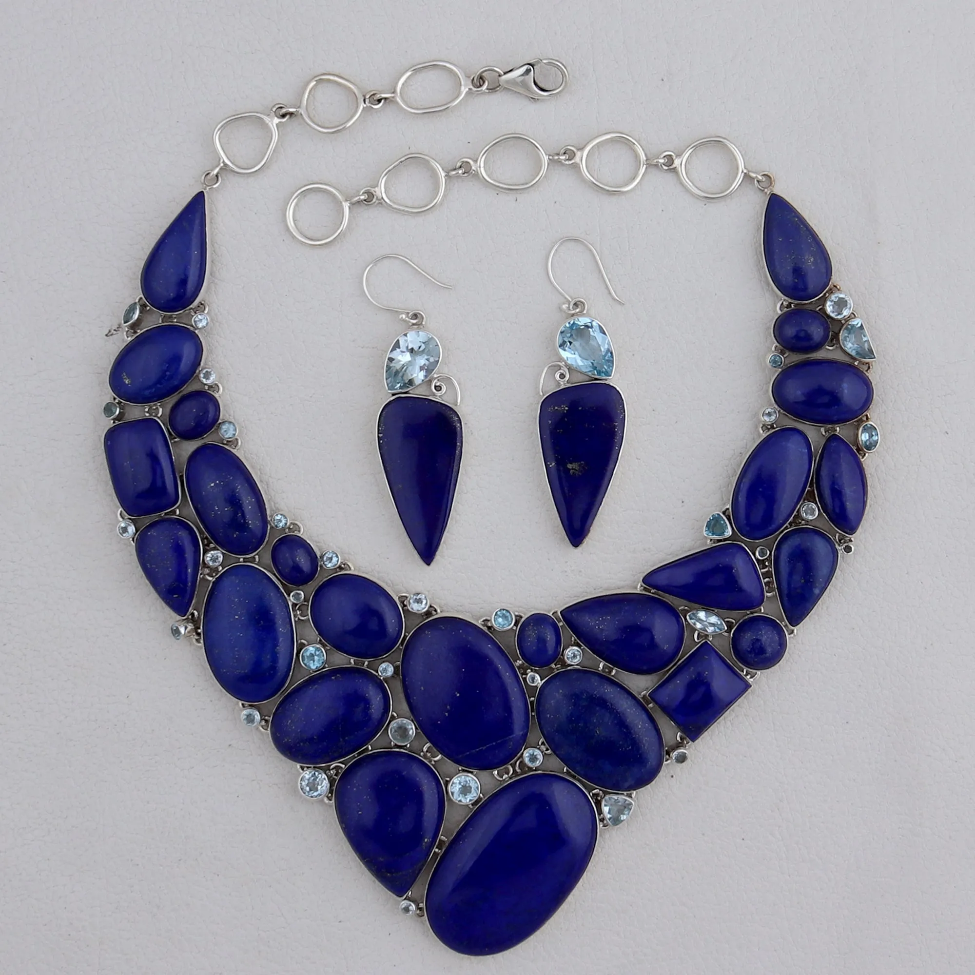 Natural Lapis Lazuli Gemstone 925 Sterling Silver Necklace Set