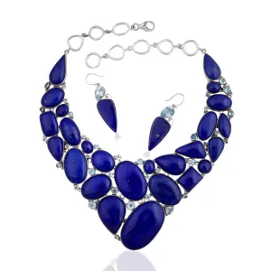 Natural Lapis Lazuli Gemstone 925 Sterling Silver Necklace Set