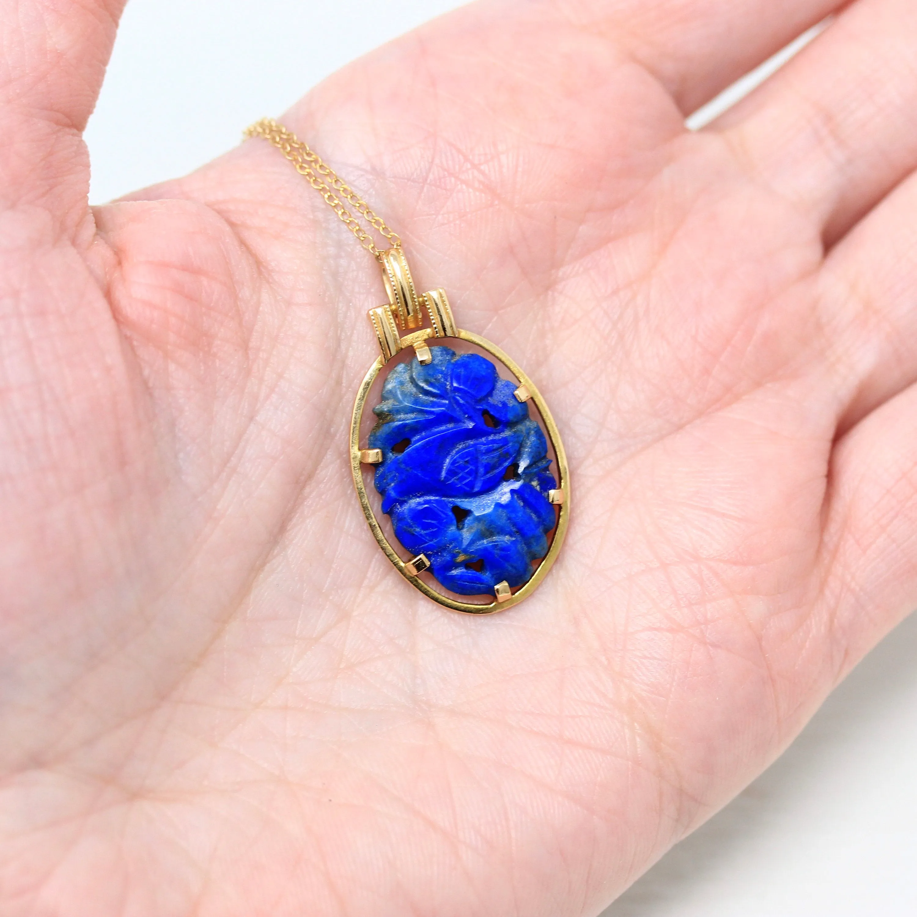 Sale - Lapis Lazuli Necklace - Retro 14k Yellow Gold Carved Genuine Blue Gemstone Flower Pendant - Vintage Circa 1970s Era Statement Jewelry