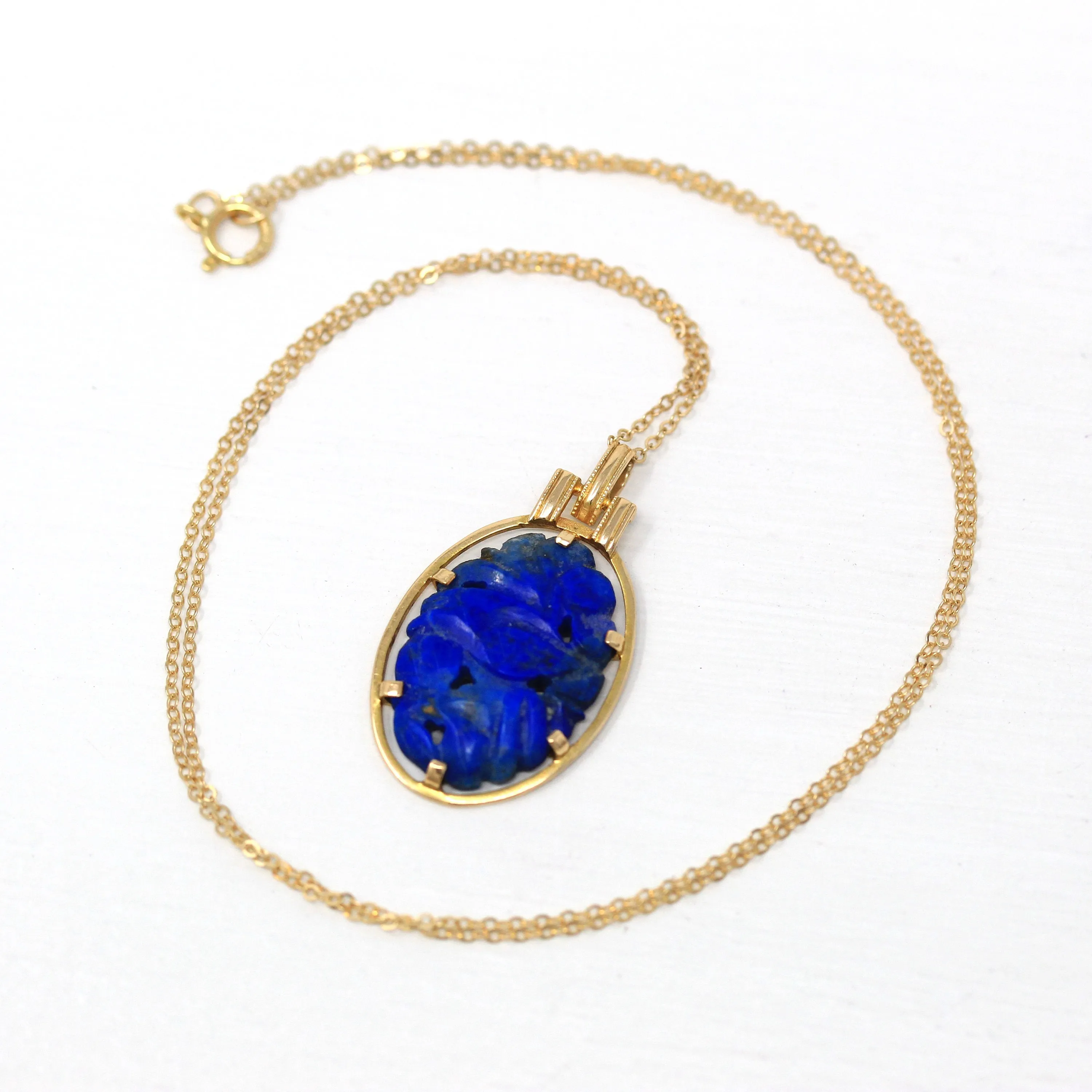 Sale - Lapis Lazuli Necklace - Retro 14k Yellow Gold Carved Genuine Blue Gemstone Flower Pendant - Vintage Circa 1970s Era Statement Jewelry