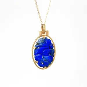 Sale - Lapis Lazuli Necklace - Retro 14k Yellow Gold Carved Genuine Blue Gemstone Flower Pendant - Vintage Circa 1970s Era Statement Jewelry
