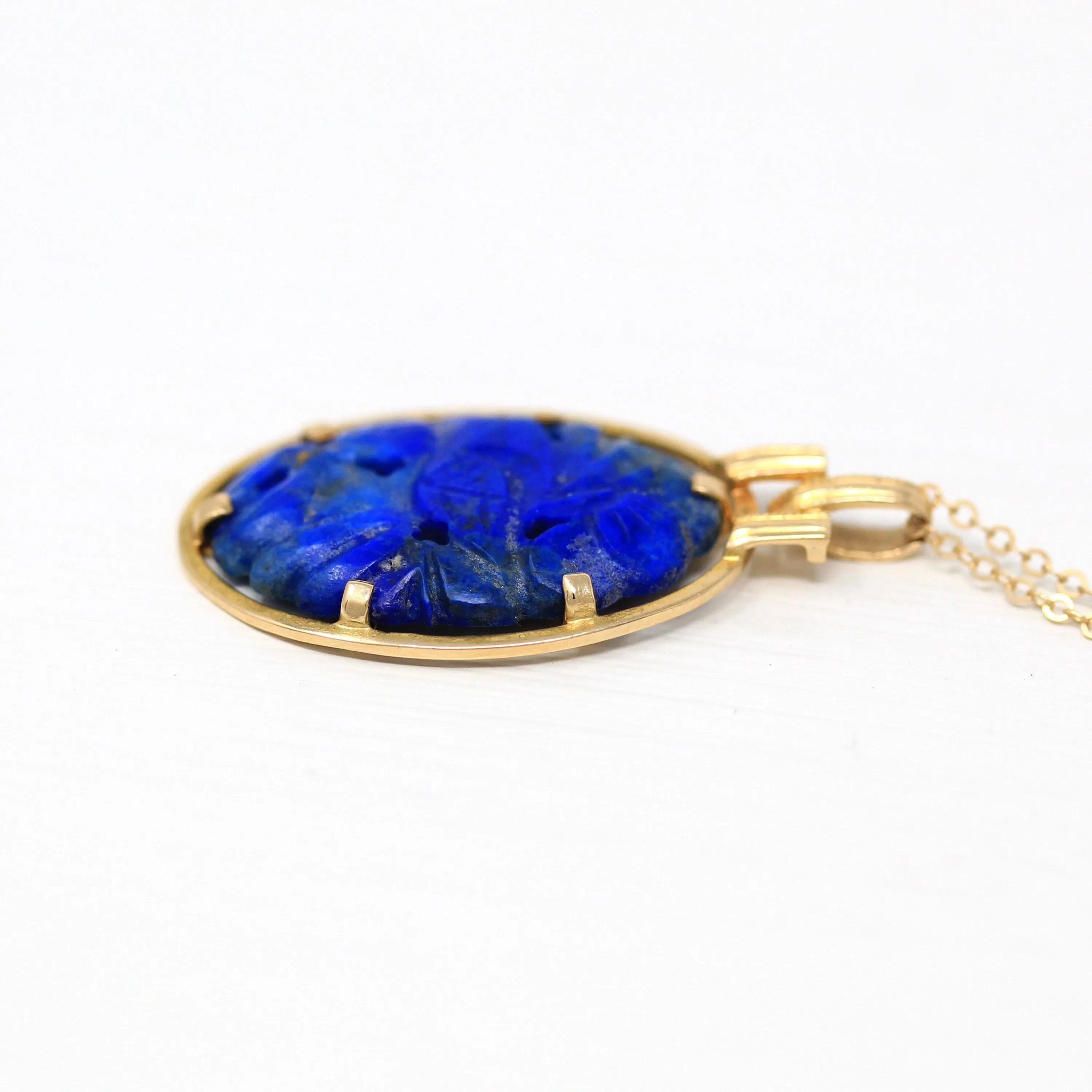Sale - Lapis Lazuli Necklace - Retro 14k Yellow Gold Carved Genuine Blue Gemstone Flower Pendant - Vintage Circa 1970s Era Statement Jewelry