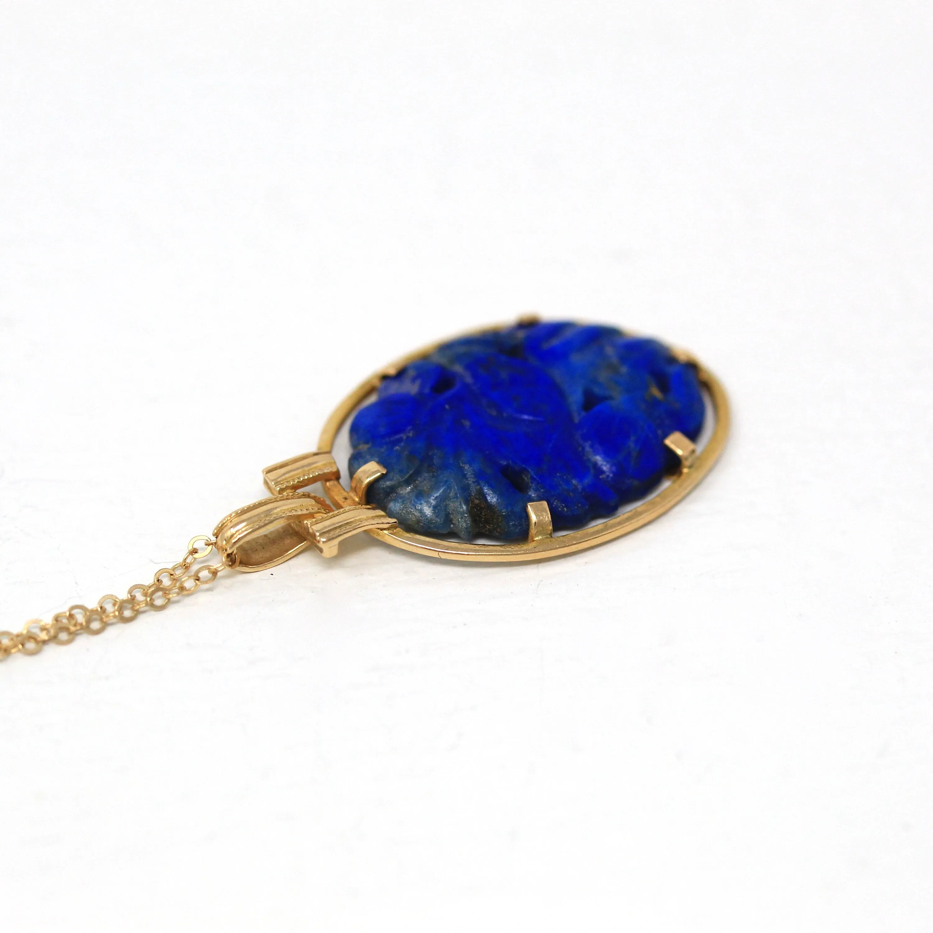 Sale - Lapis Lazuli Necklace - Retro 14k Yellow Gold Carved Genuine Blue Gemstone Flower Pendant - Vintage Circa 1970s Era Statement Jewelry