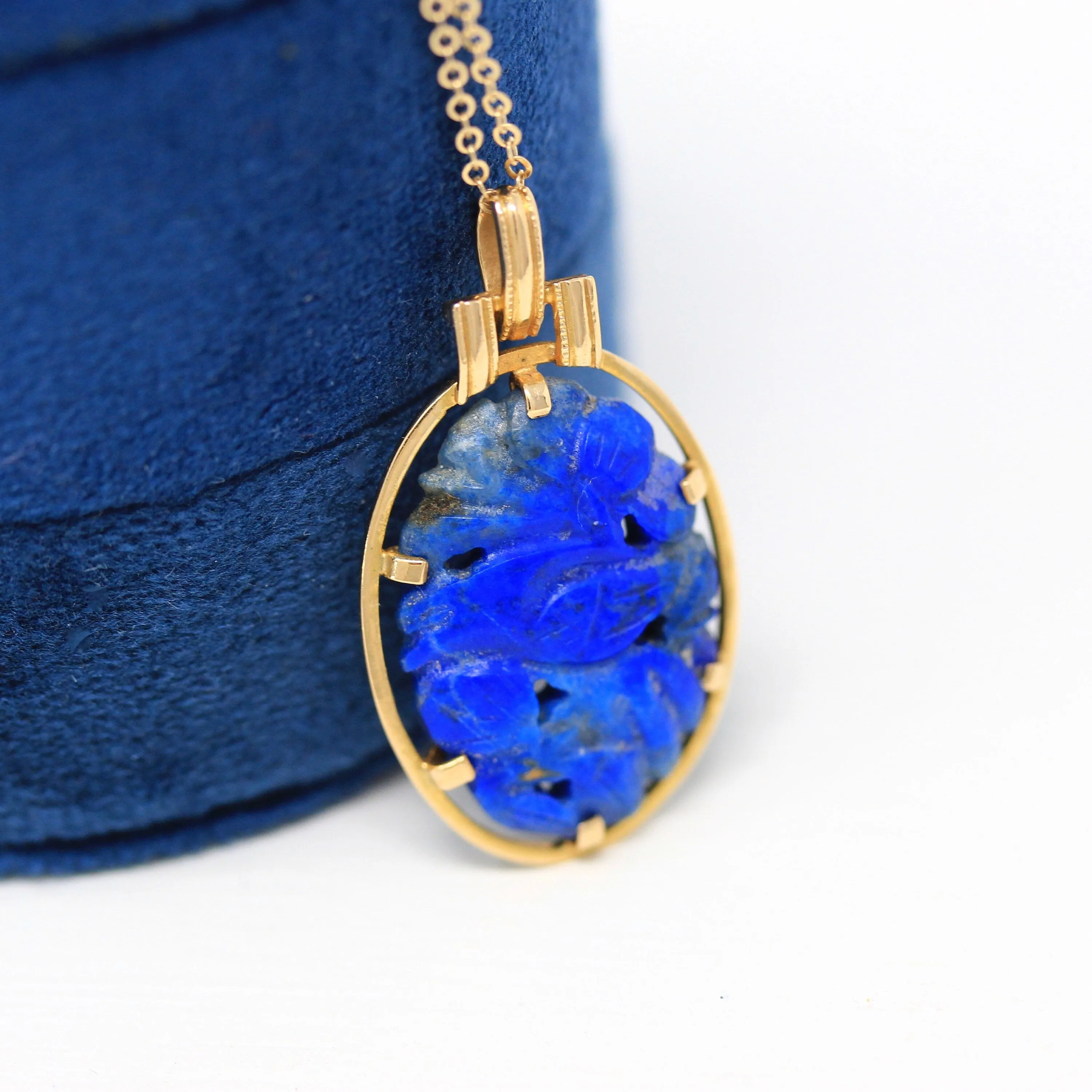 Sale - Lapis Lazuli Necklace - Retro 14k Yellow Gold Carved Genuine Blue Gemstone Flower Pendant - Vintage Circa 1970s Era Statement Jewelry