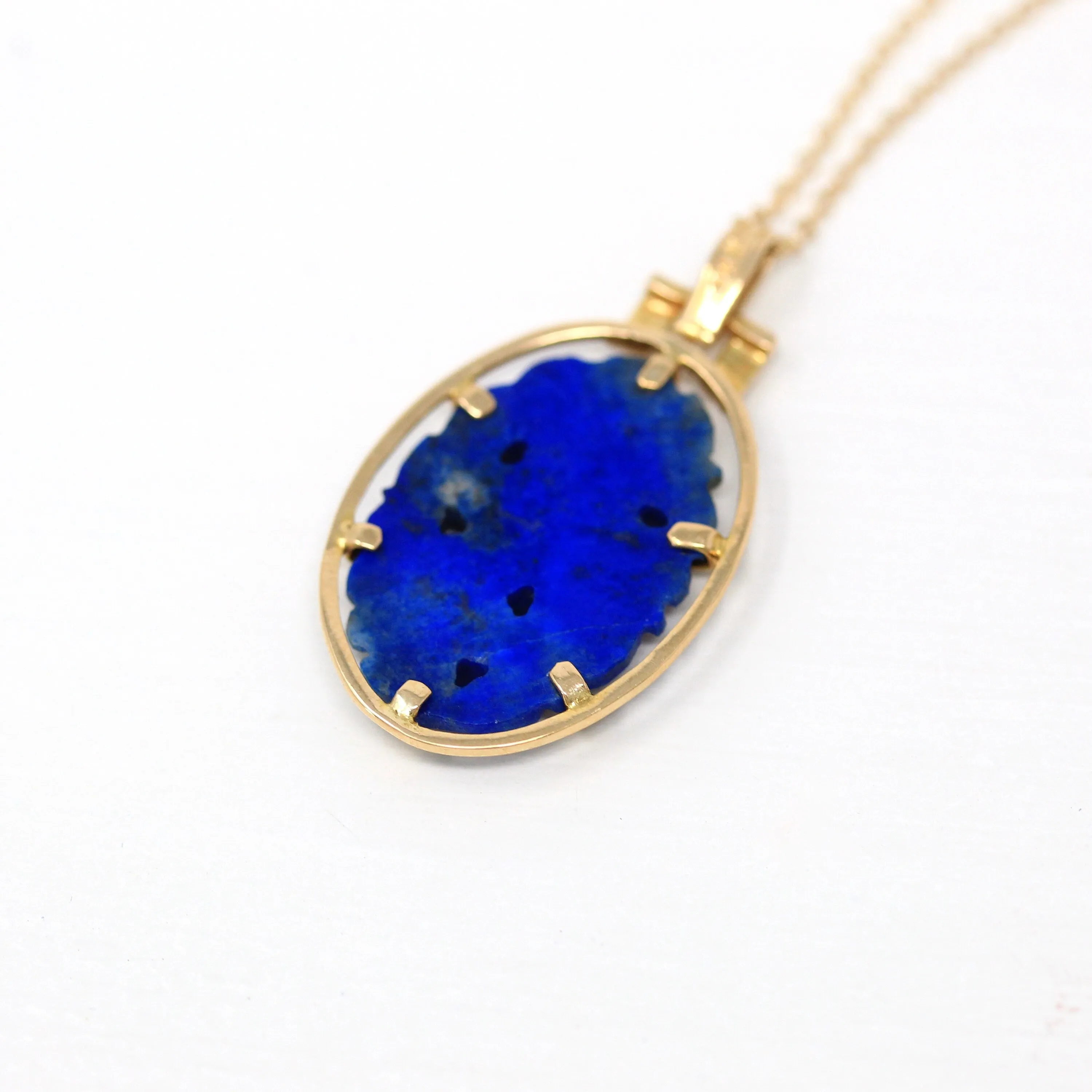 Sale - Lapis Lazuli Necklace - Retro 14k Yellow Gold Carved Genuine Blue Gemstone Flower Pendant - Vintage Circa 1970s Era Statement Jewelry