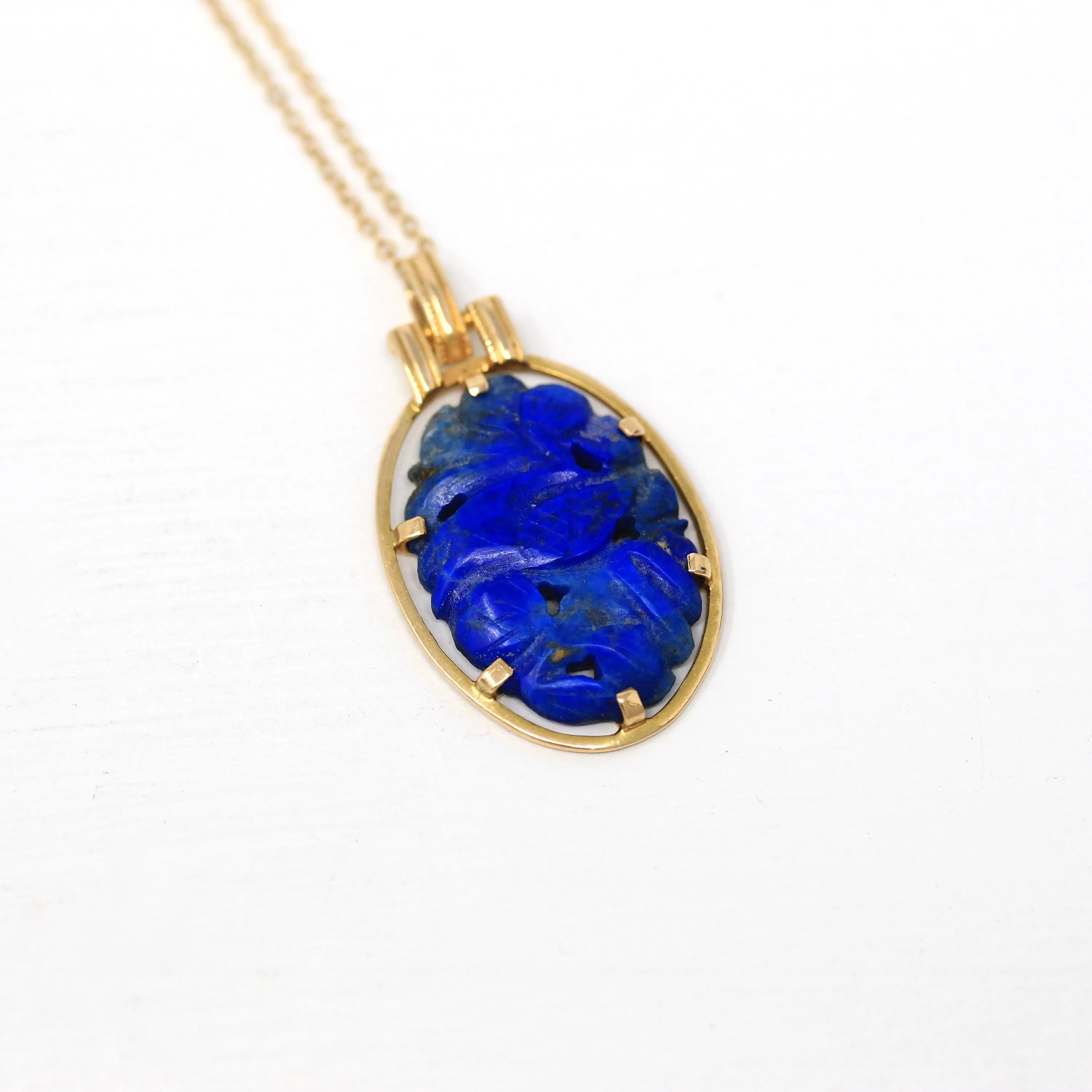 Sale - Lapis Lazuli Necklace - Retro 14k Yellow Gold Carved Genuine Blue Gemstone Flower Pendant - Vintage Circa 1970s Era Statement Jewelry