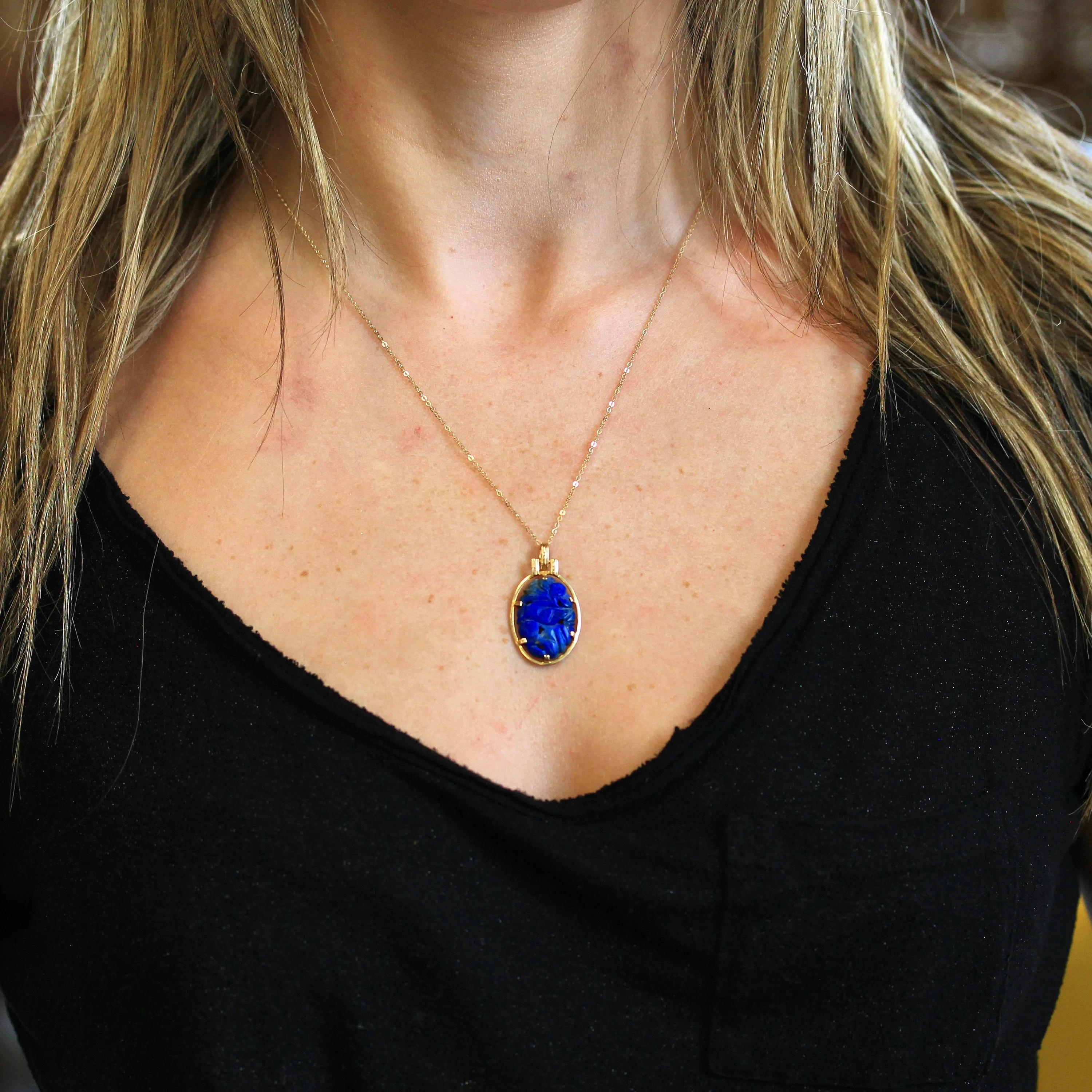 Sale - Lapis Lazuli Necklace - Retro 14k Yellow Gold Carved Genuine Blue Gemstone Flower Pendant - Vintage Circa 1970s Era Statement Jewelry