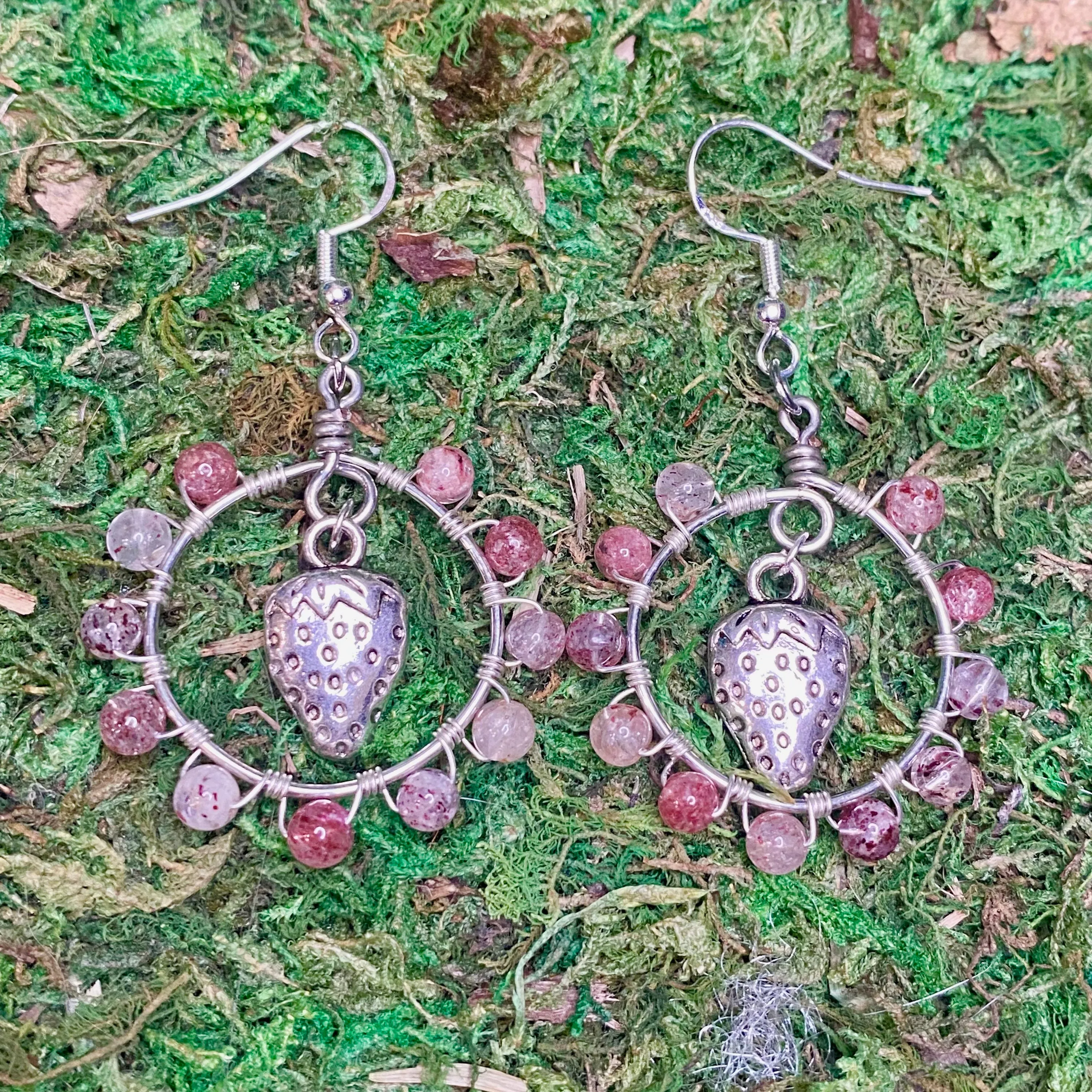 Strawberry Quartz & Strawberry Charm Wire Wrapped Hoop Earrings