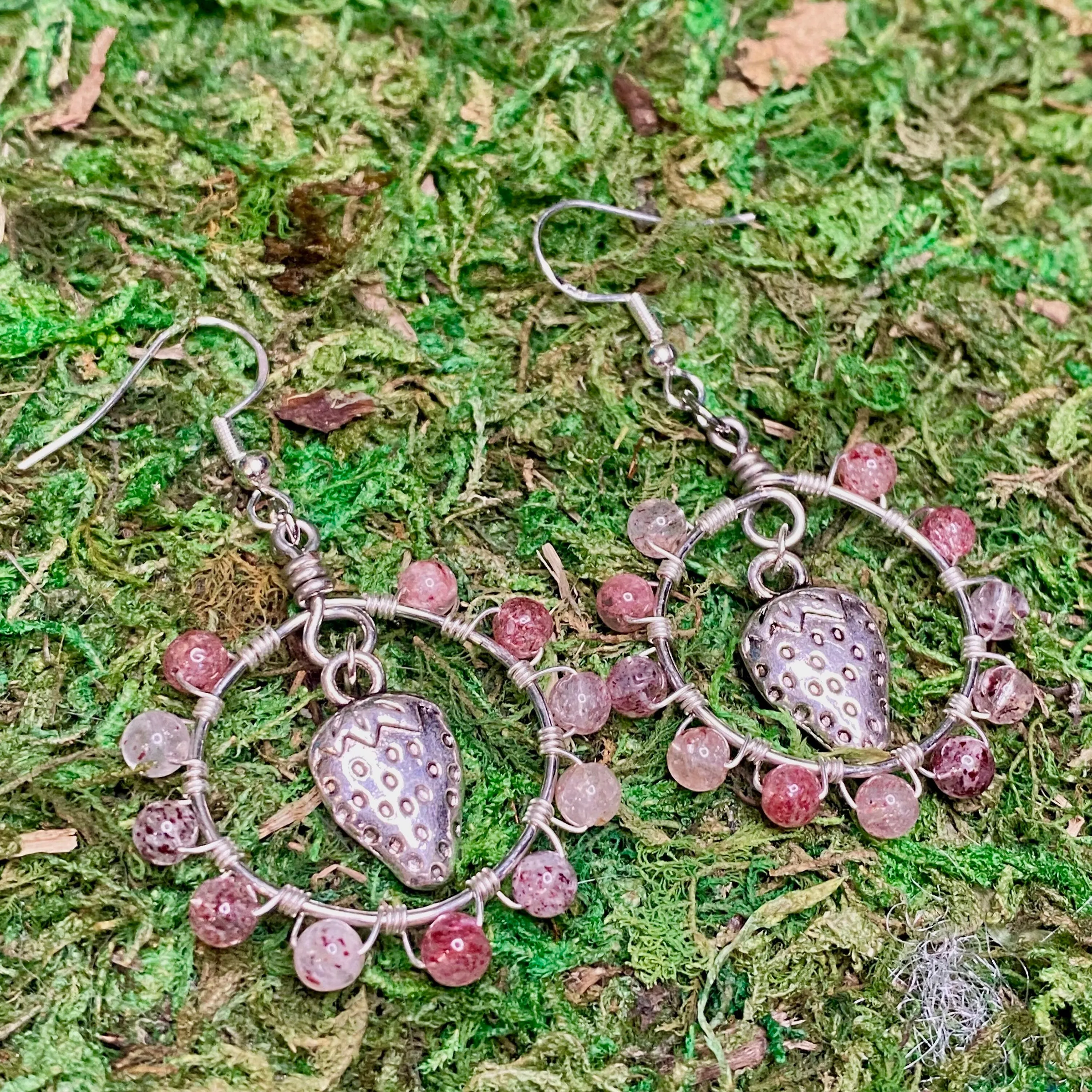 Strawberry Quartz & Strawberry Charm Wire Wrapped Hoop Earrings