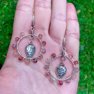 Strawberry Quartz & Strawberry Charm Wire Wrapped Hoop Earrings