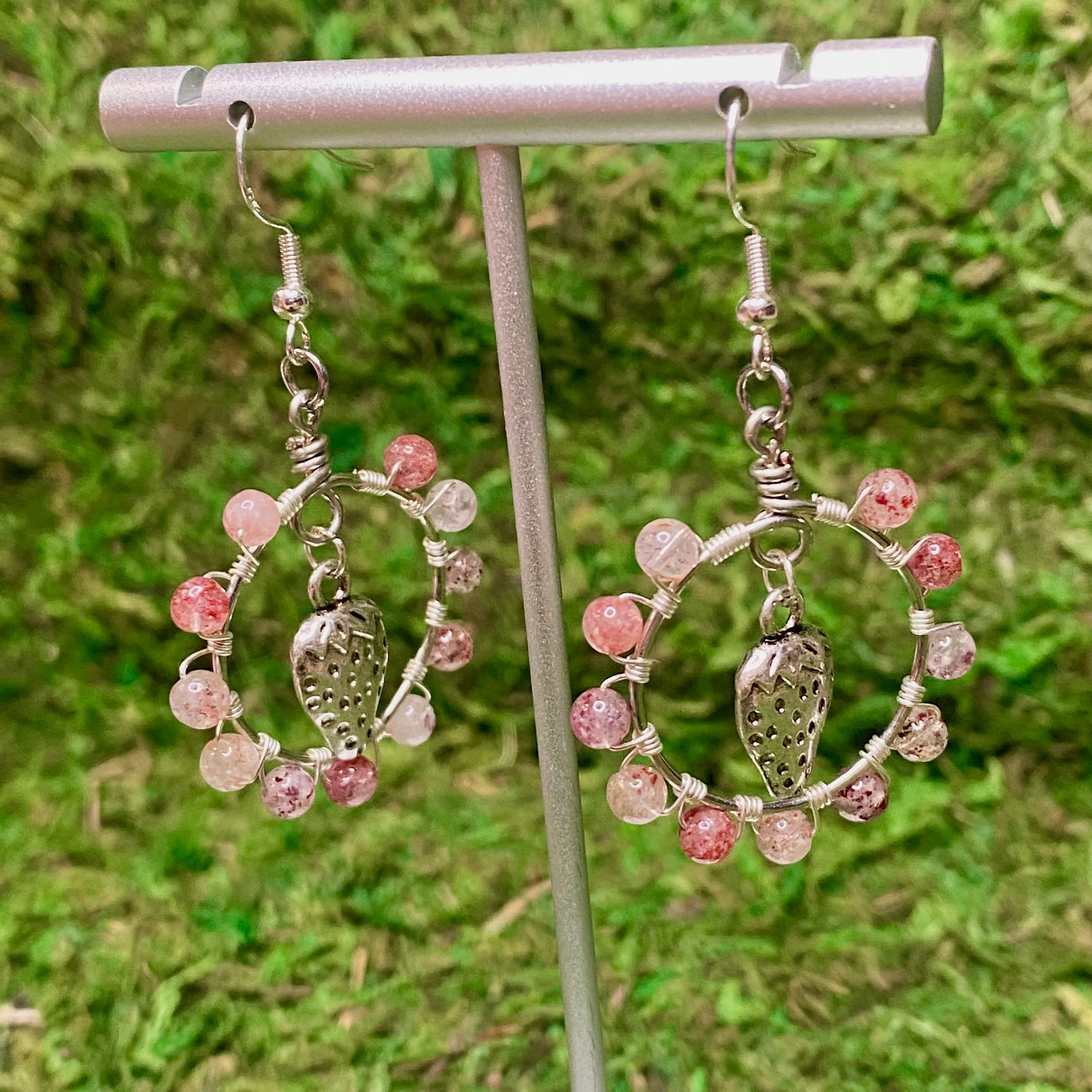 Strawberry Quartz & Strawberry Charm Wire Wrapped Hoop Earrings